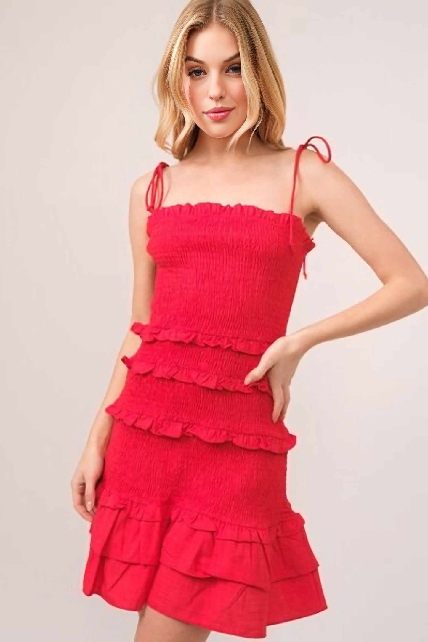 Bow Straps Ruffled Smocked Dress