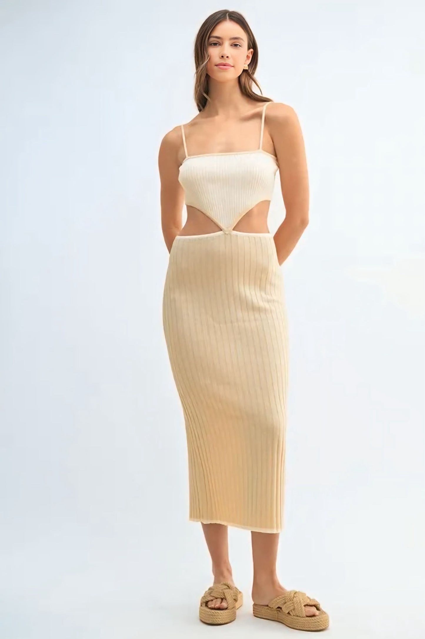 Ribbed Knit Color Block Cutout Midi Dress - Taupe