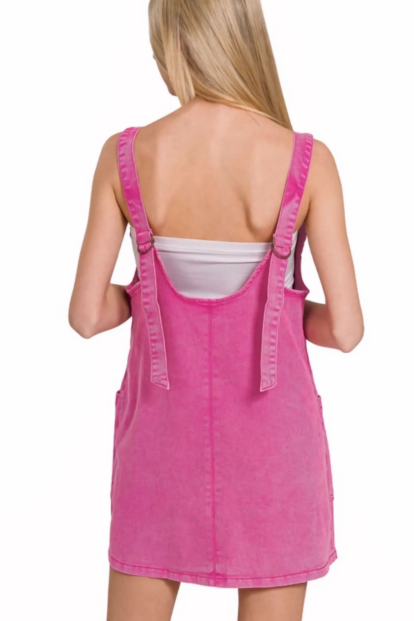 Hot Pink Washed Adjustable Strap Denim Overall Dress