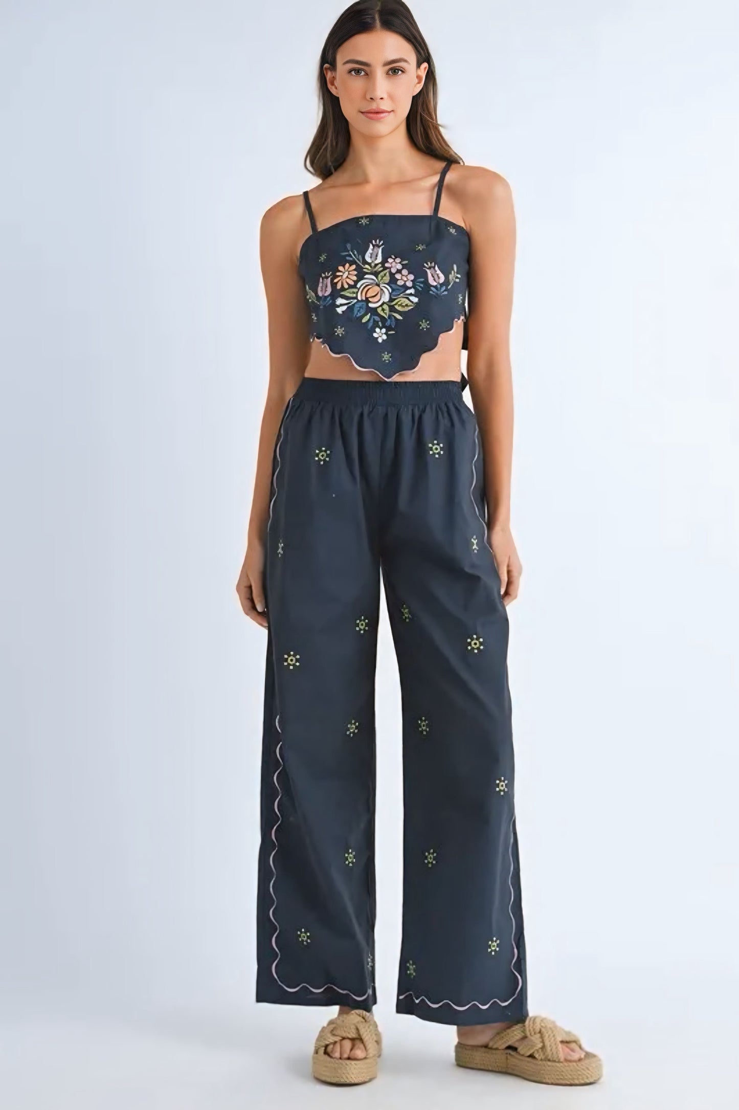 Linen Embroidered Scarf Top and Pants Set