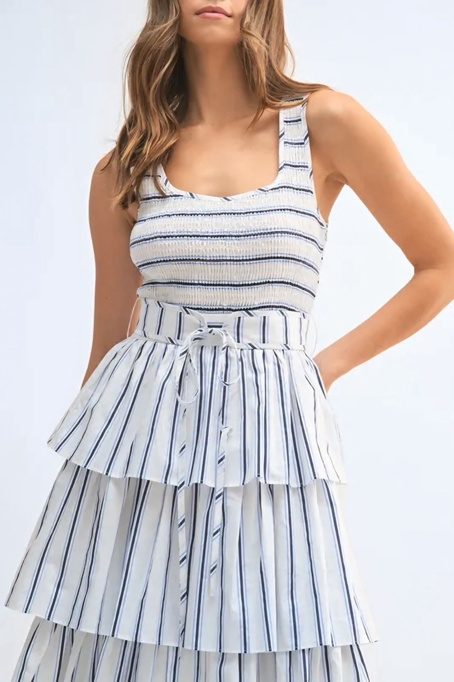 Pin Stripe Smocked Bodice Layered Midi Dress