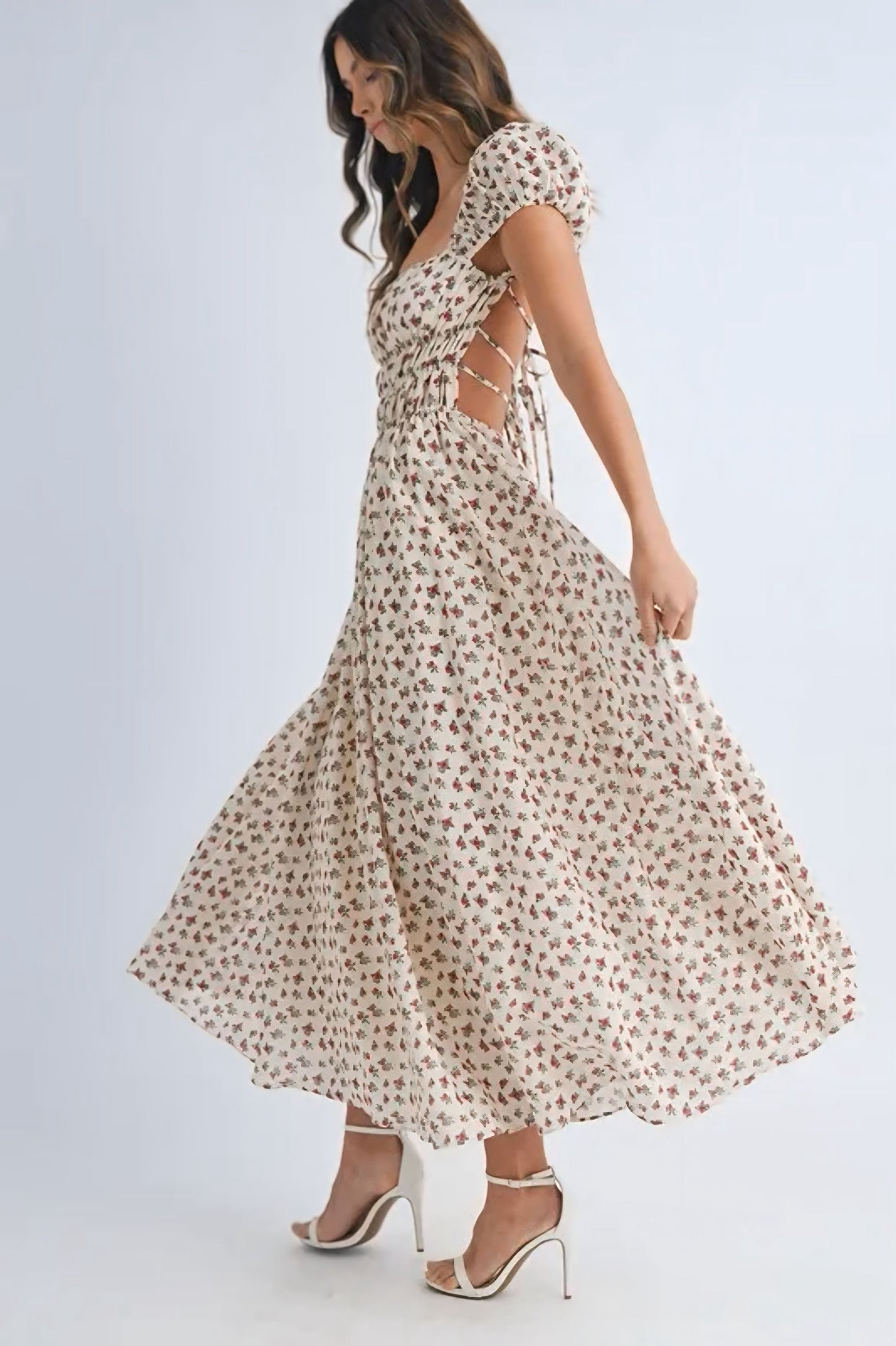 Floral Print Puff Sleeve Gathered Midi Dress