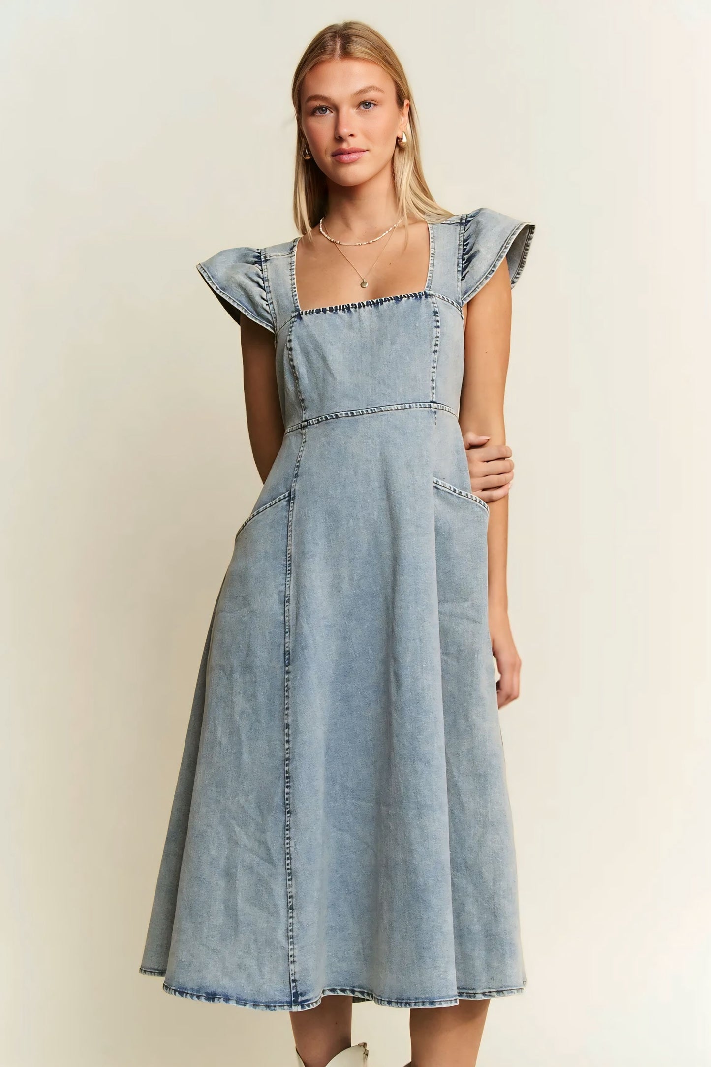 Ruffled Denim Midi Dress