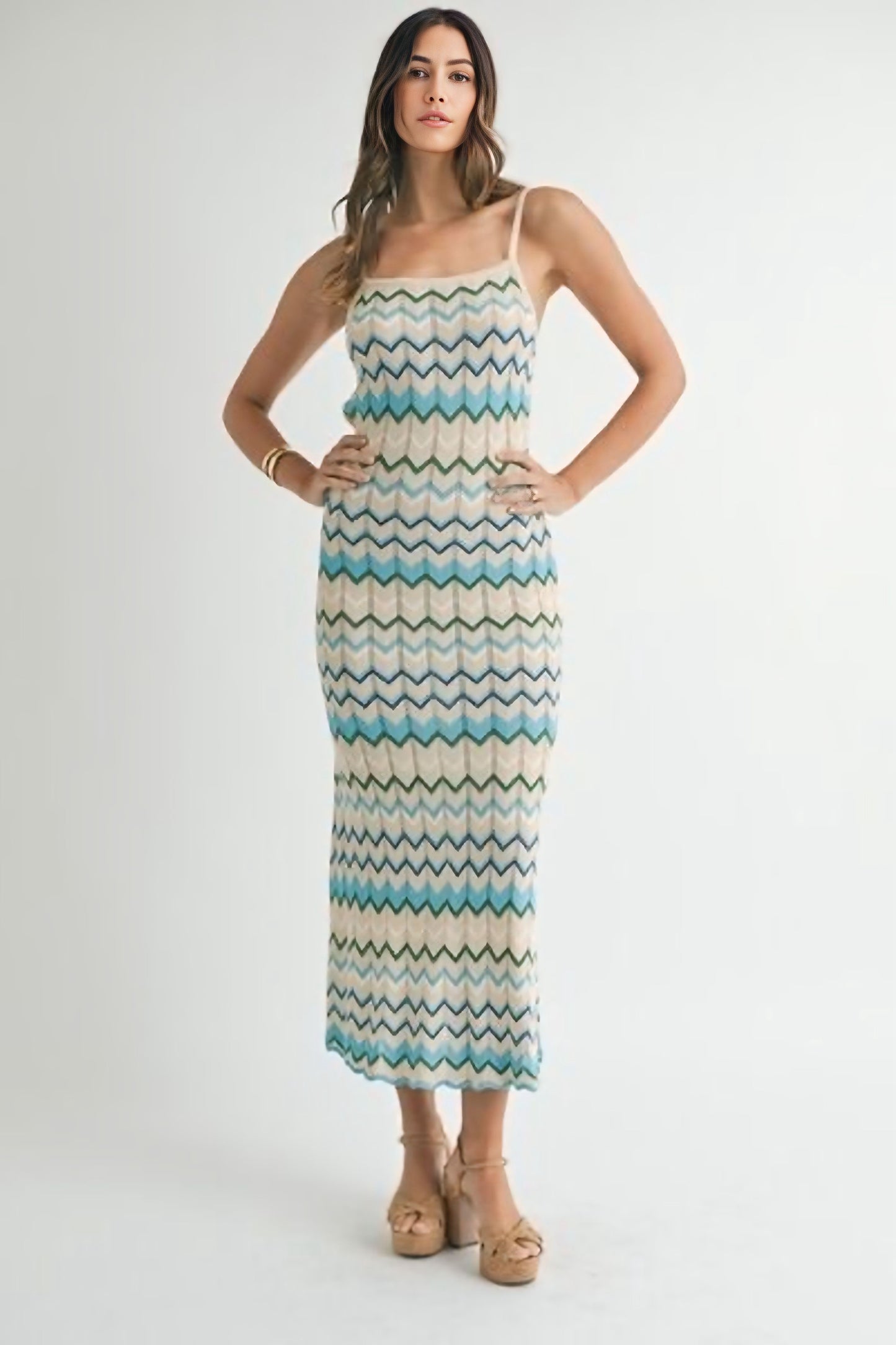 Lightweight Pointelle Chevron Knit Maxi Dress
