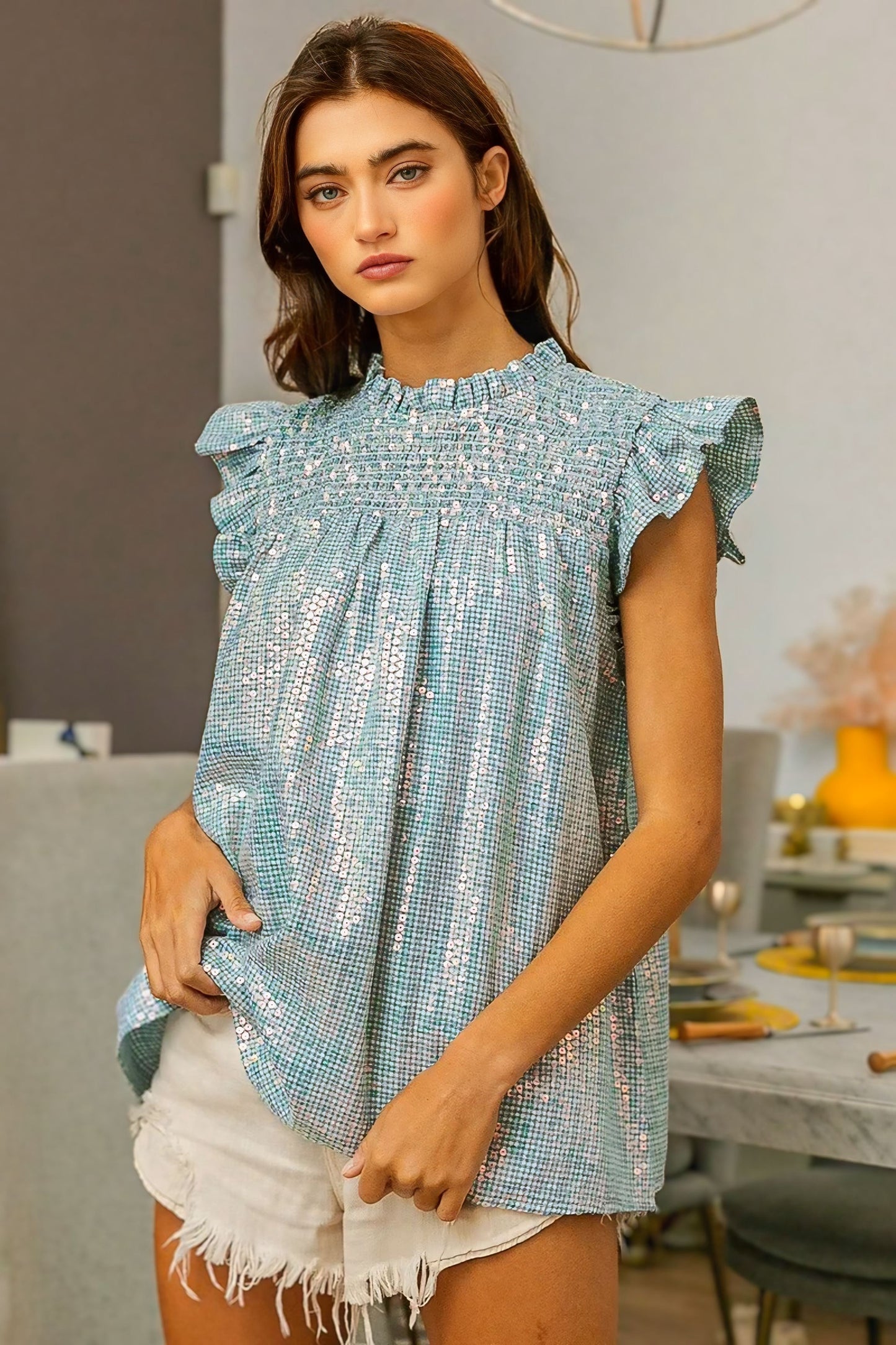 Clear Sequin All-over Gingham Smocked Top