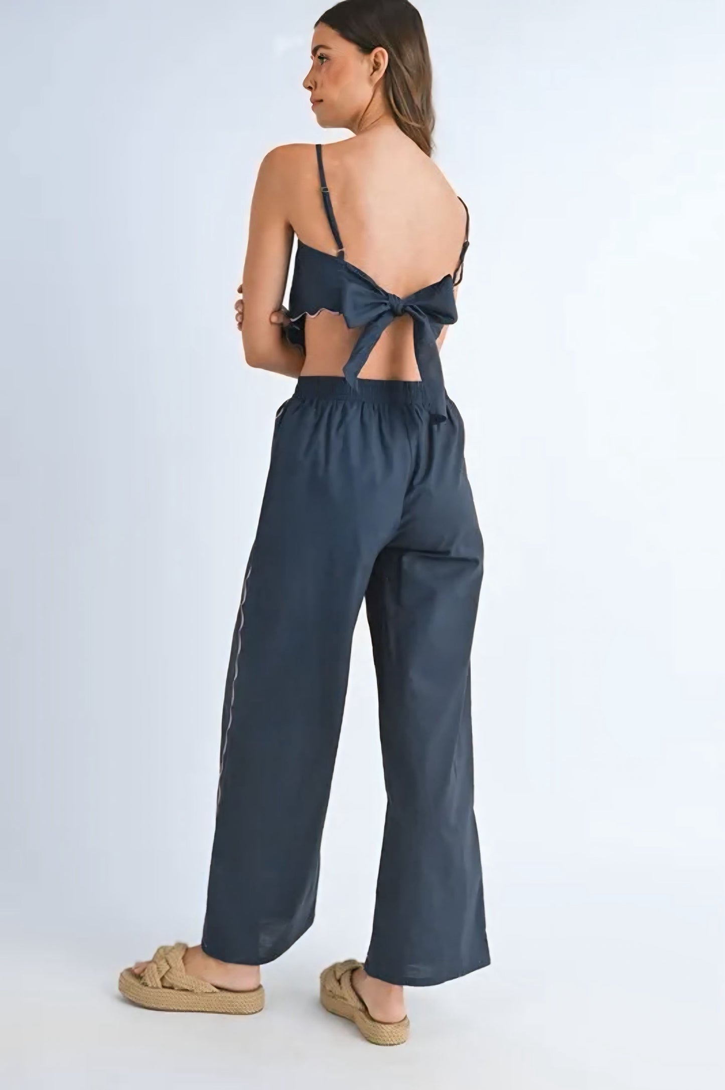 Linen Embroidered Scarf Top and Pants Set