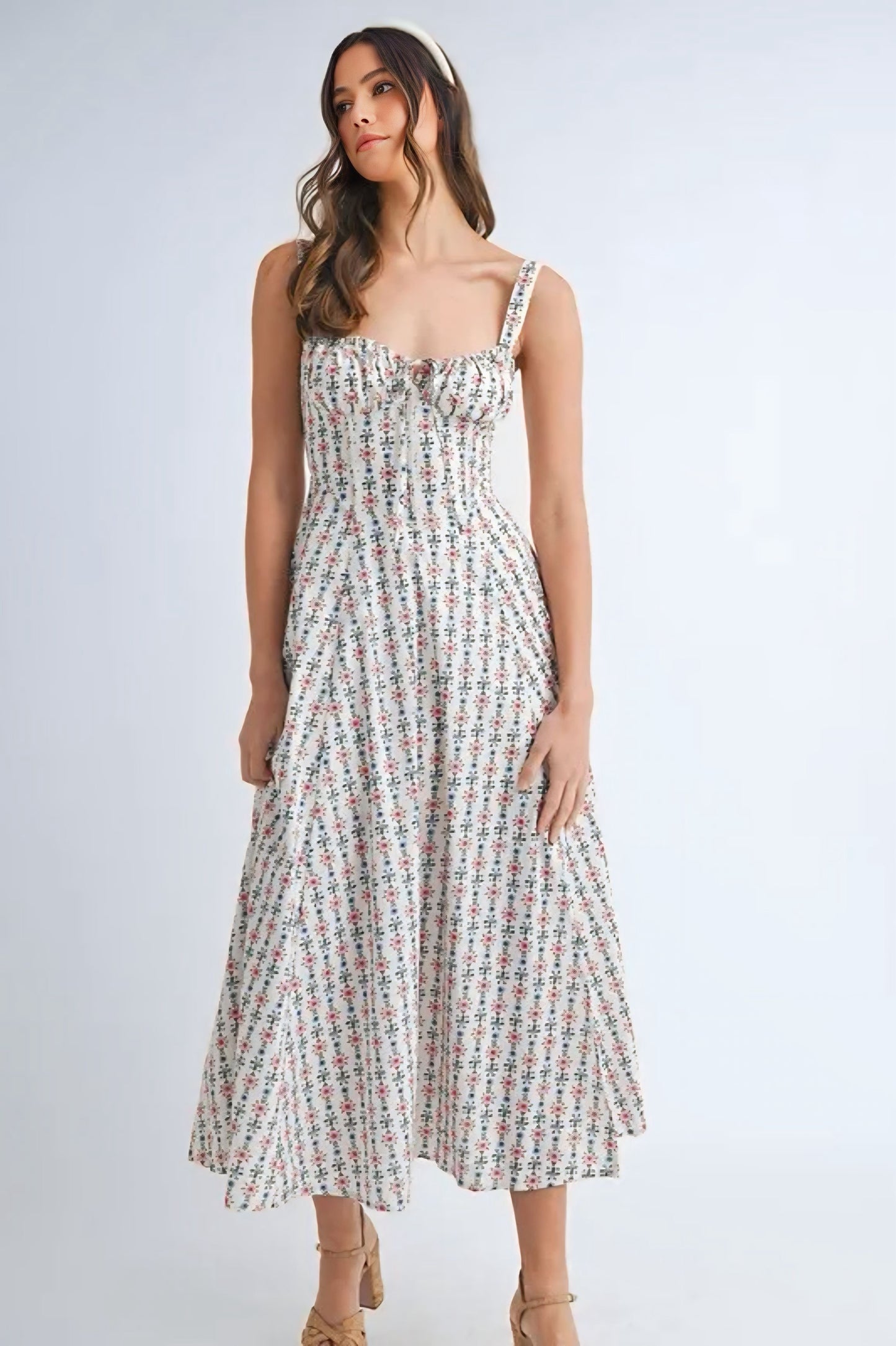Floral Print Bustier Back Lace Up Midi Dress