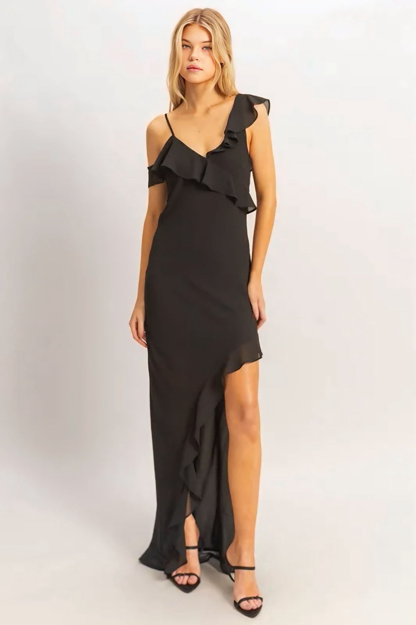 Chiffon Ruffle Trim Midi Dress
