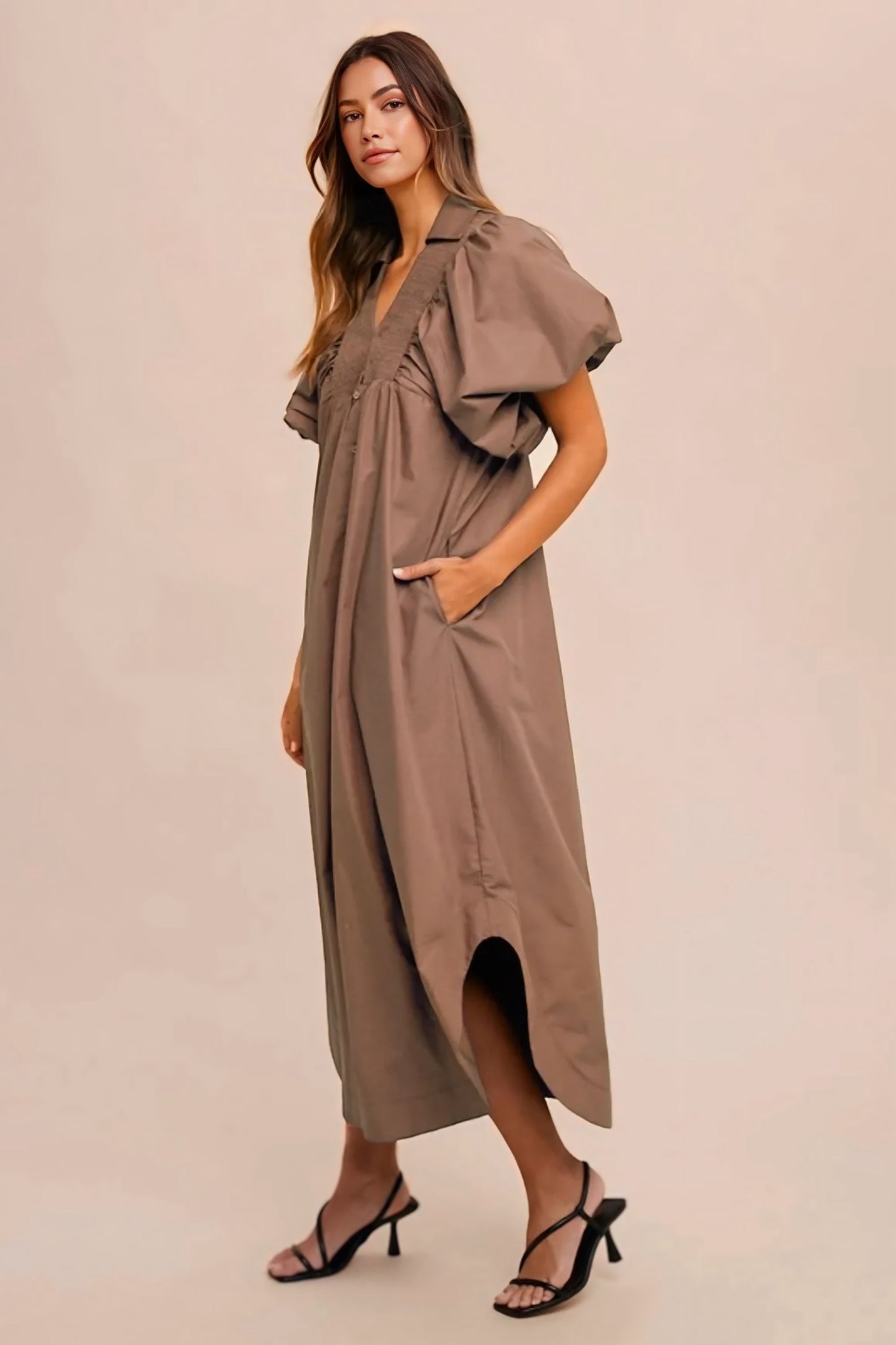 Smocked Puff Sleeve Midi Dress