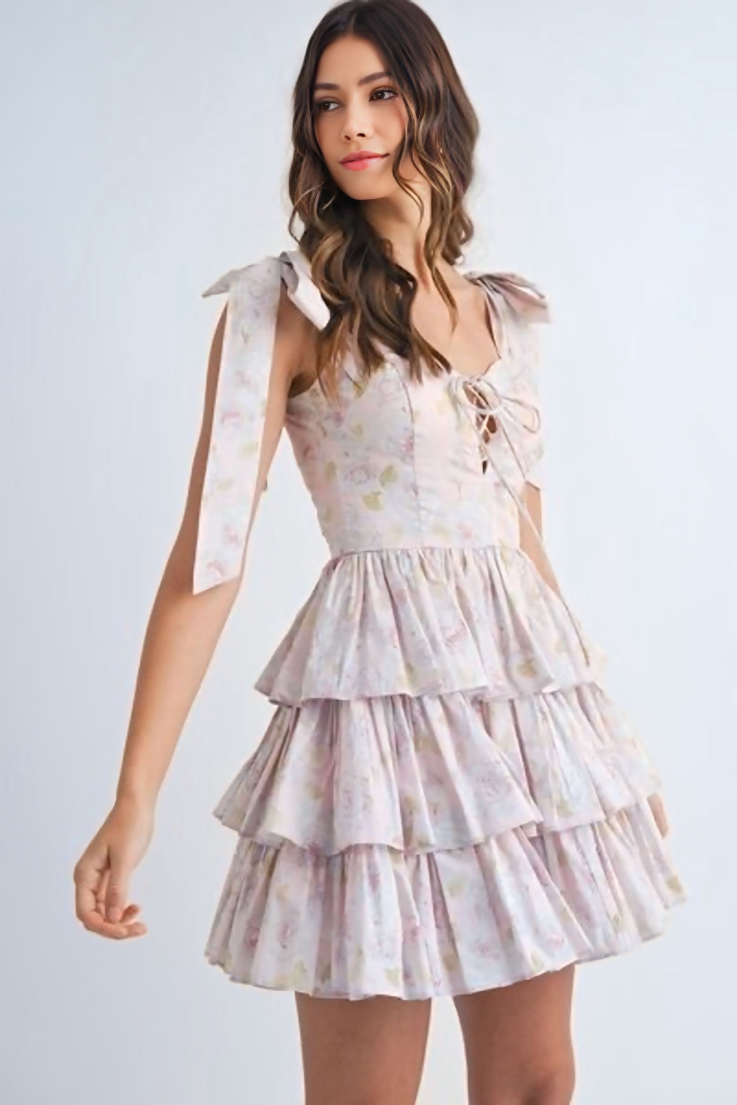 Floral Print Shoulder Tie Layered Mini Dress