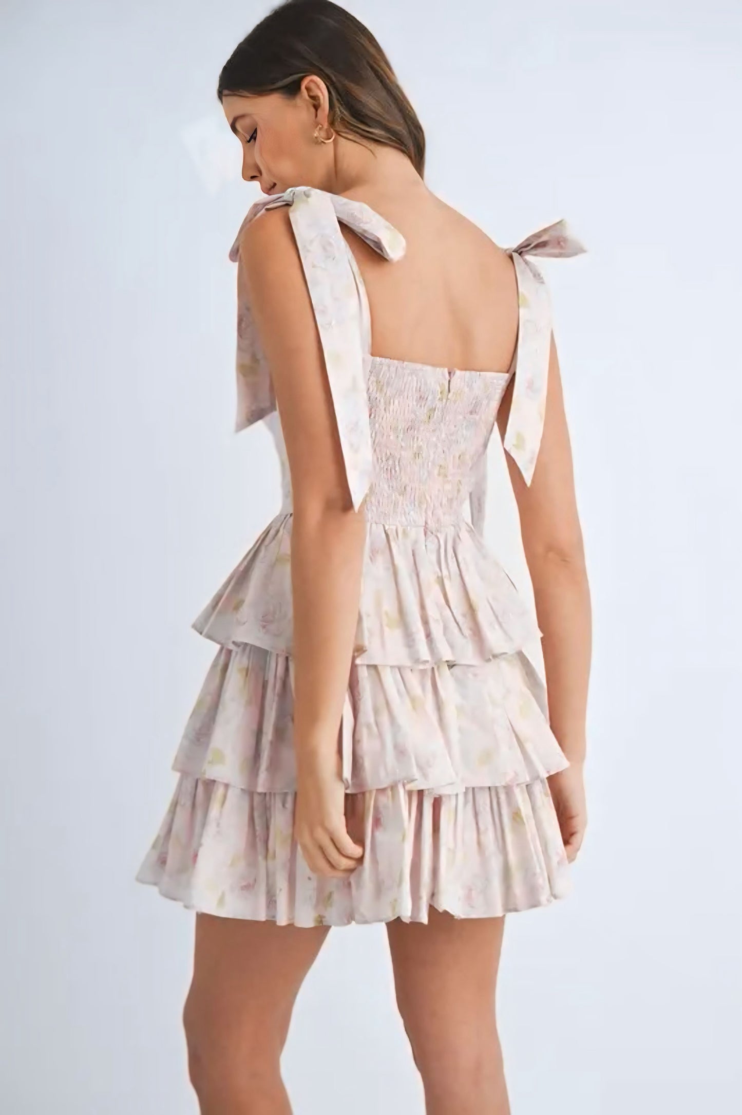 Floral Print Shoulder Tie Layered Mini Dress