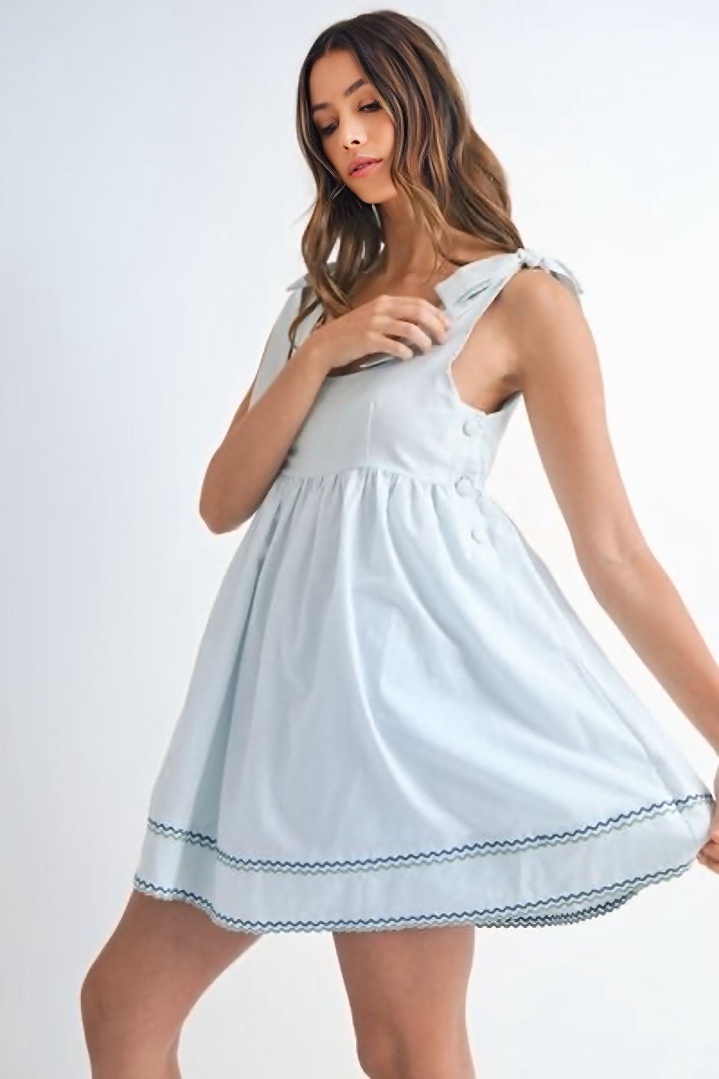 Zig Zag Embroidered Shoulder Tie Mini Dress
