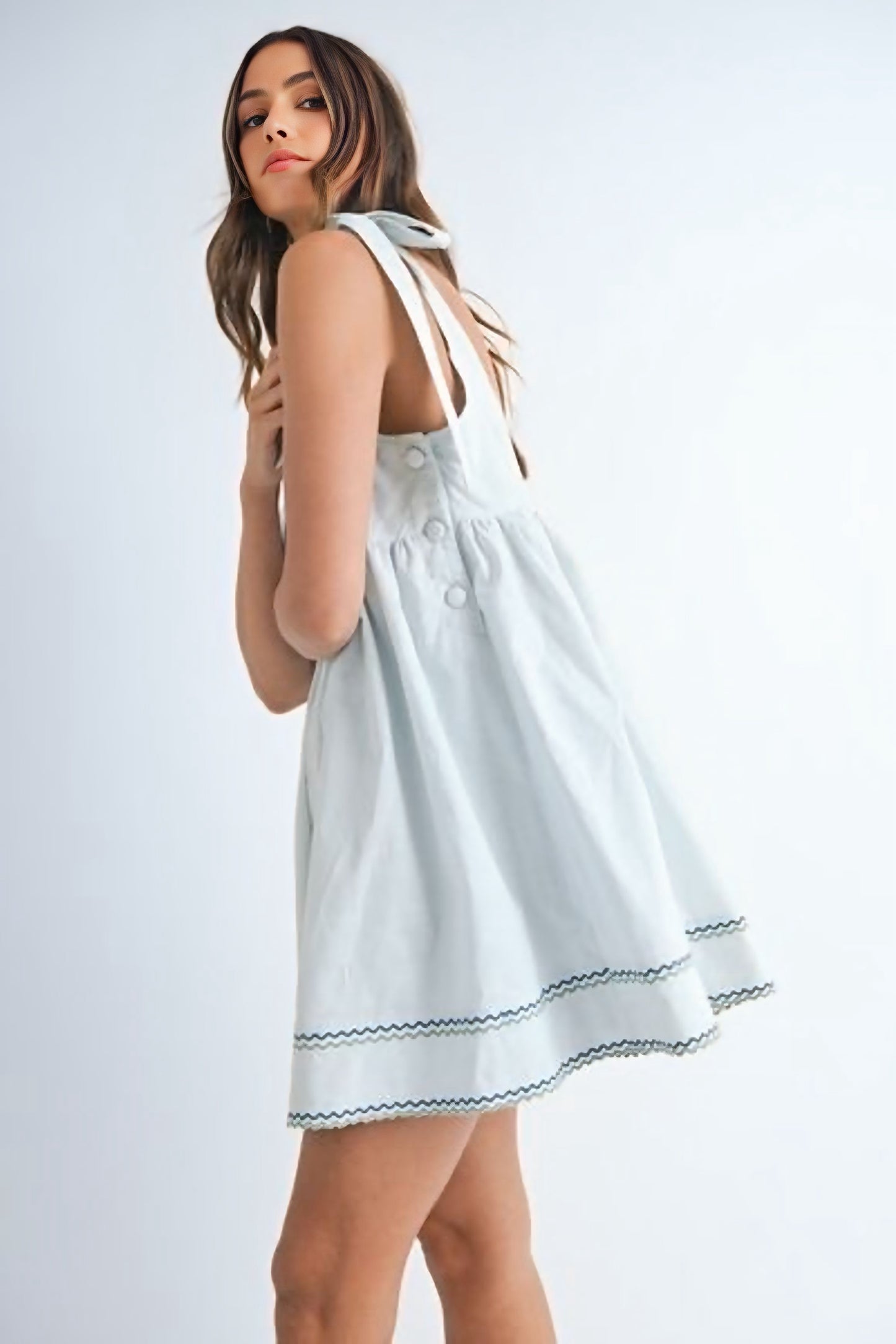 Zig Zag Embroidered Shoulder Tie Mini Dress