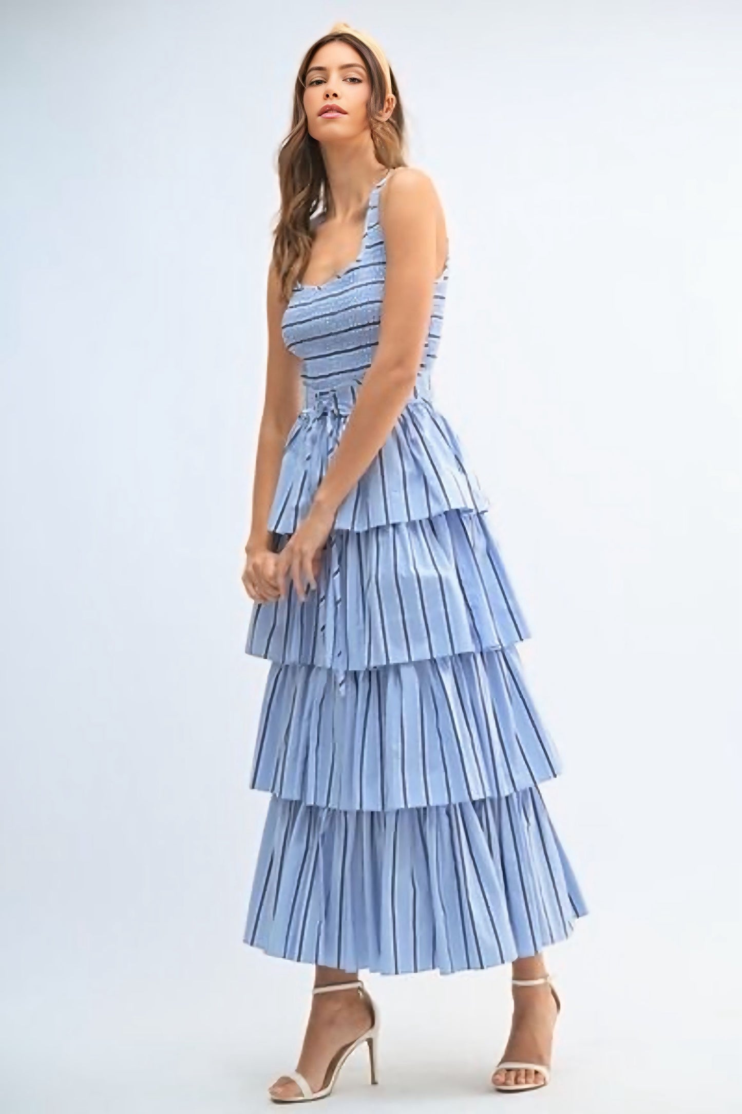 Pin Stripe Smocked Bodice Layered Midi Dress