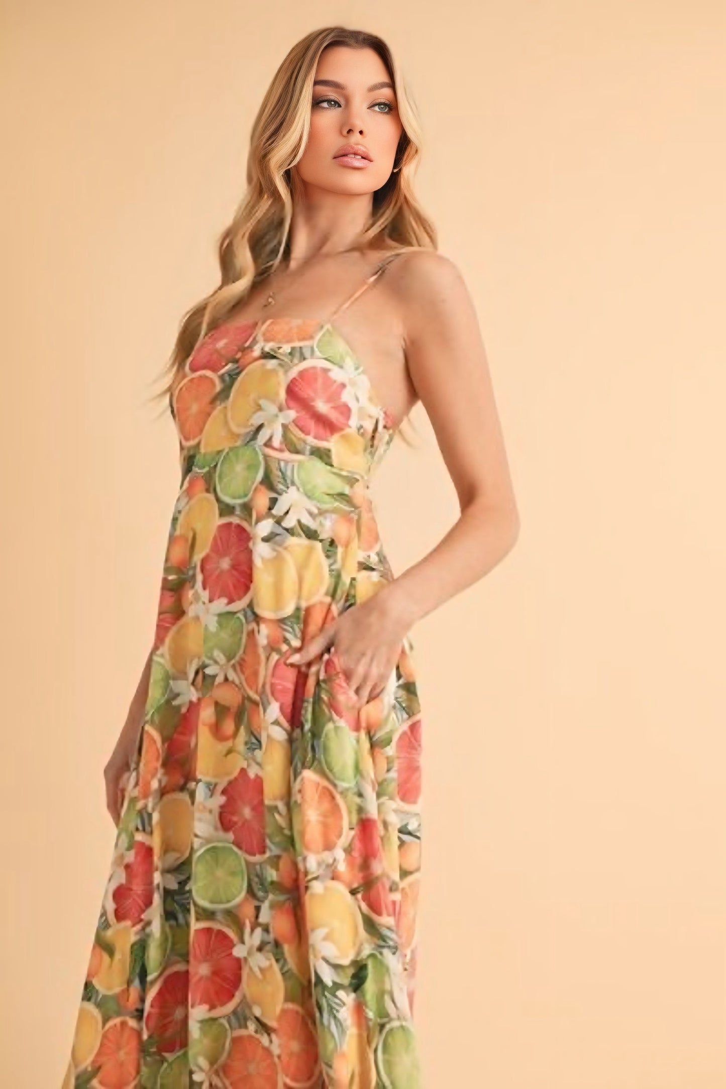 Fruit Print Square Neck Maxi Cami Dress