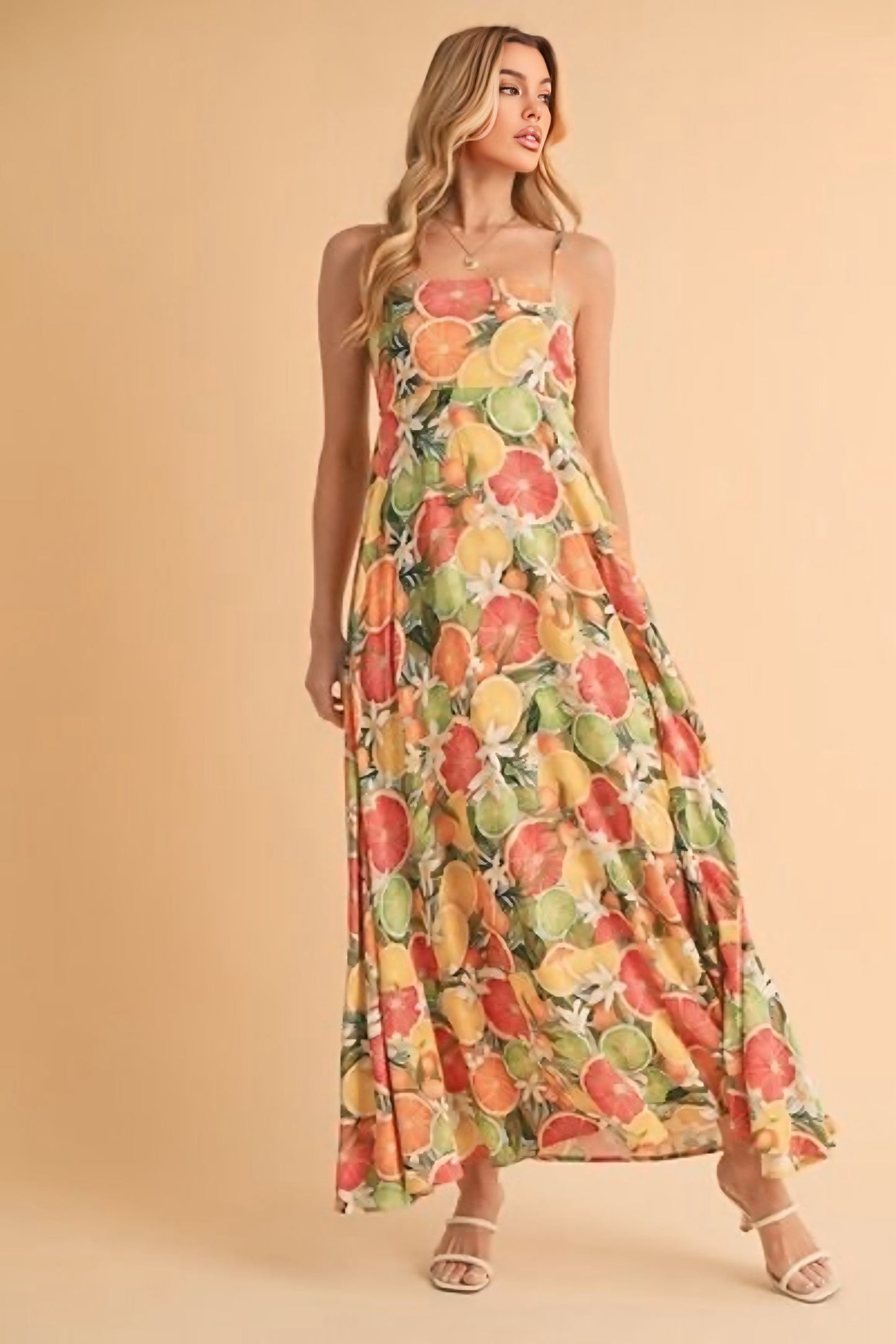 Fruit Print Square Neck Maxi Cami Dress