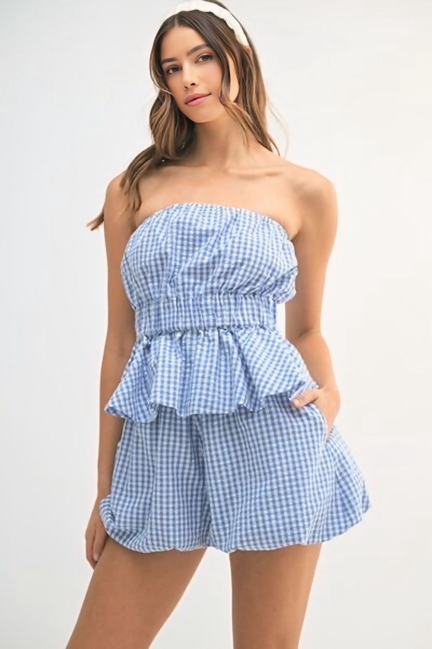 Gingham Tube Top and Shorts Set - Blue