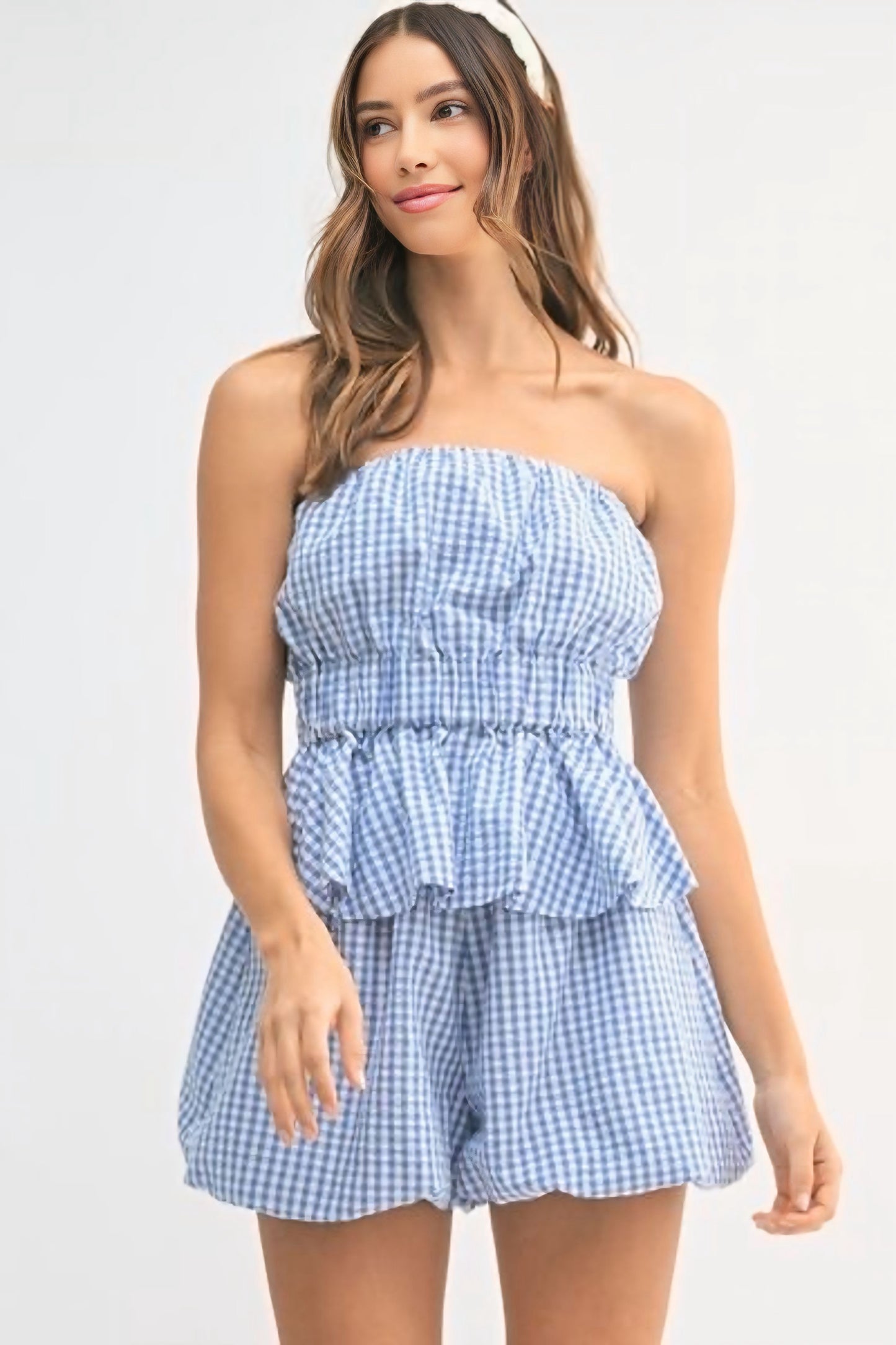 Gingham Tube Top and Shorts Set - Blue