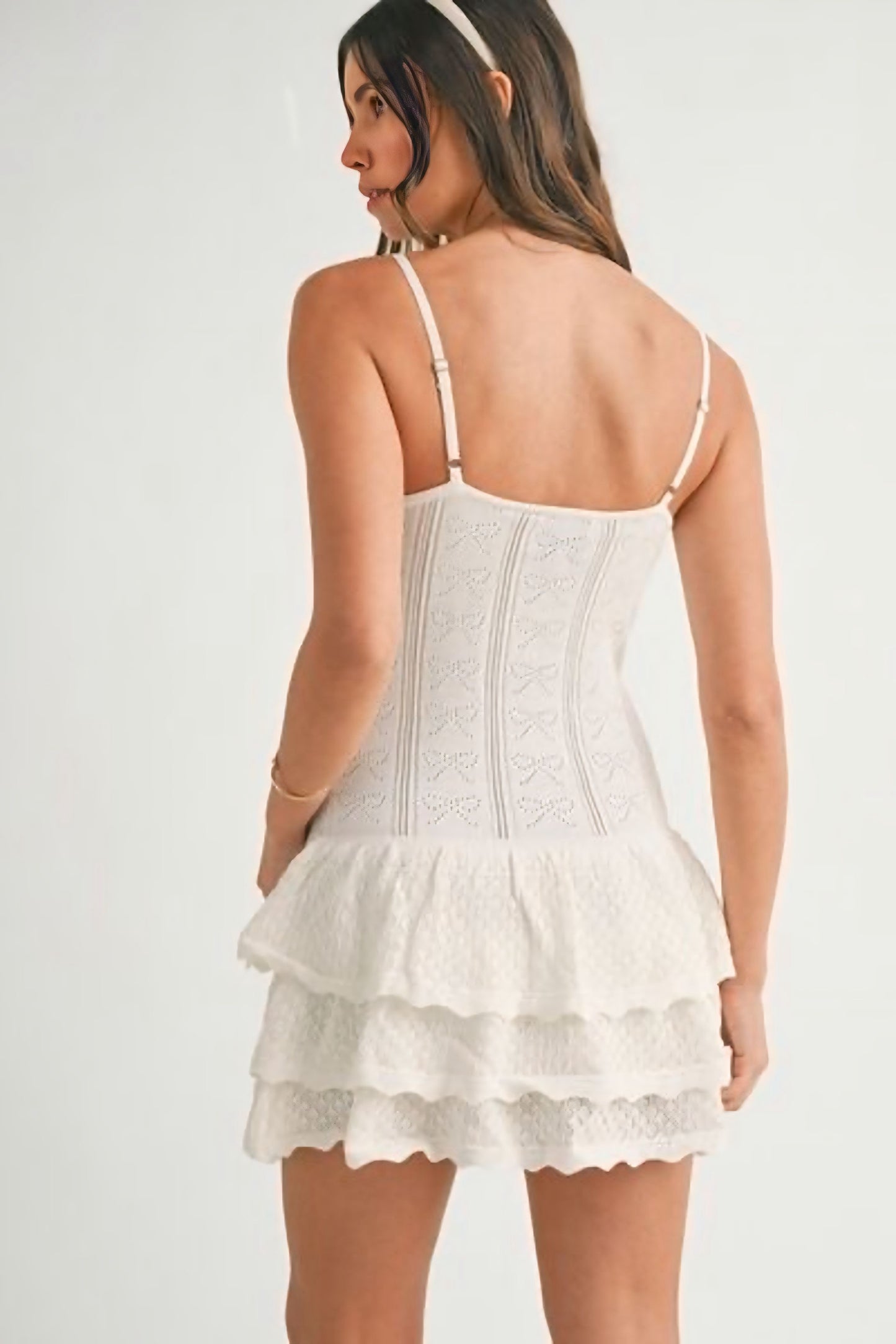 Bow Pointelle Knit Ruffle Mini Dress