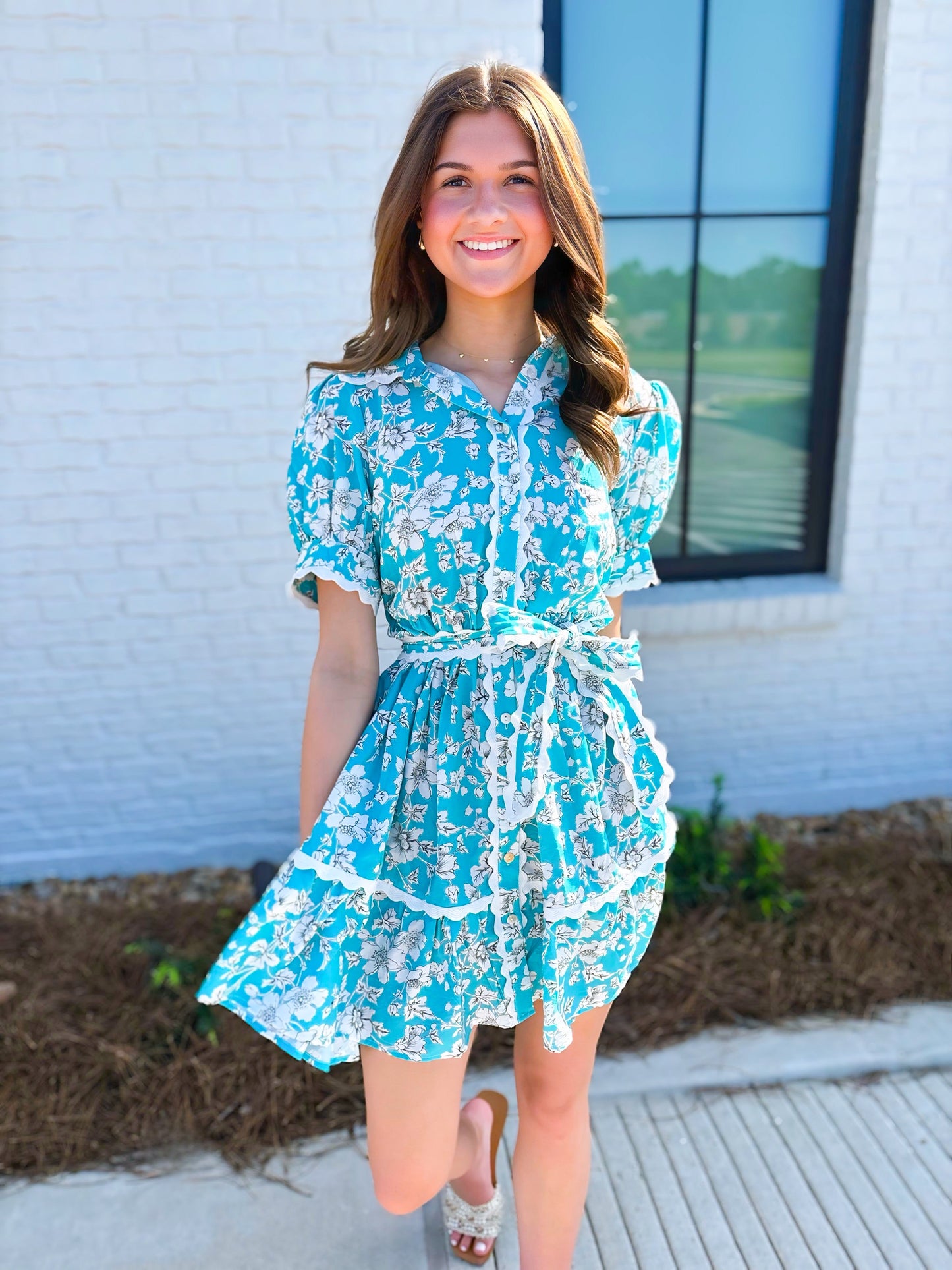 Sage Vintage Floral Scalloped Mini Dress