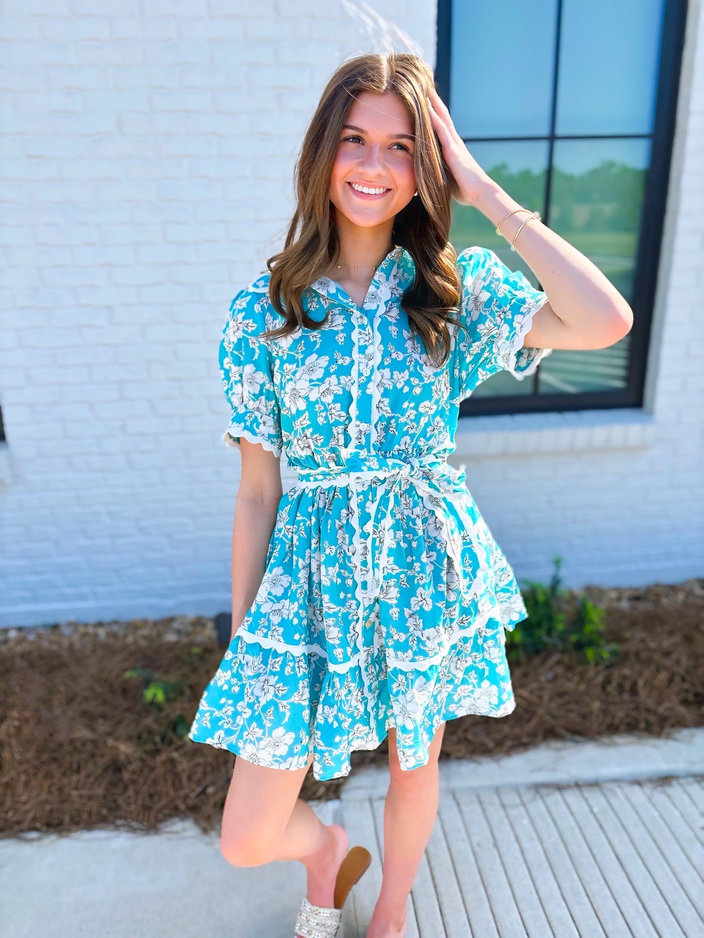 Sage Vintage Floral Scalloped Mini Dress