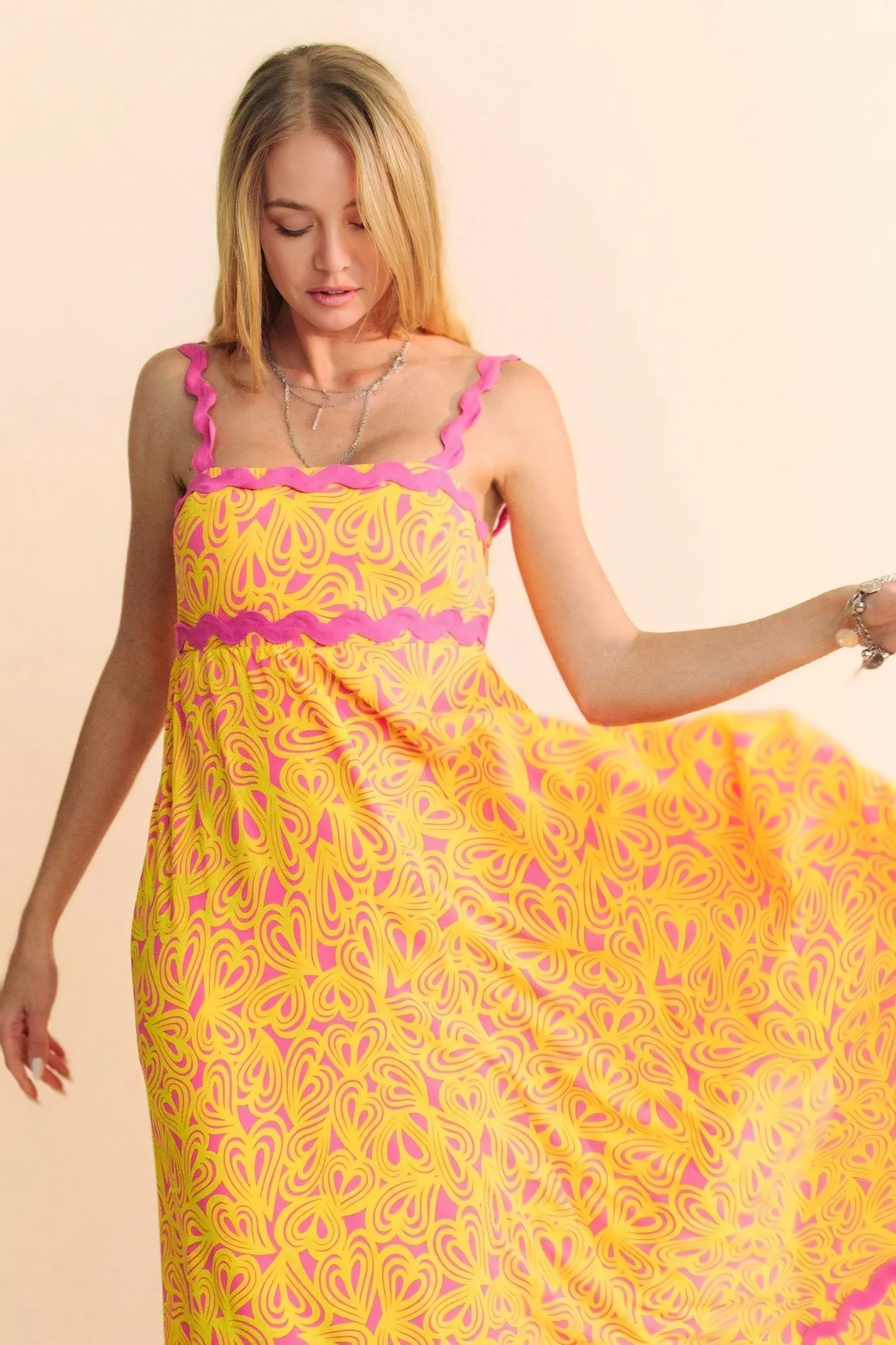 Printed Wavy Trim Tiered Maxi Dress