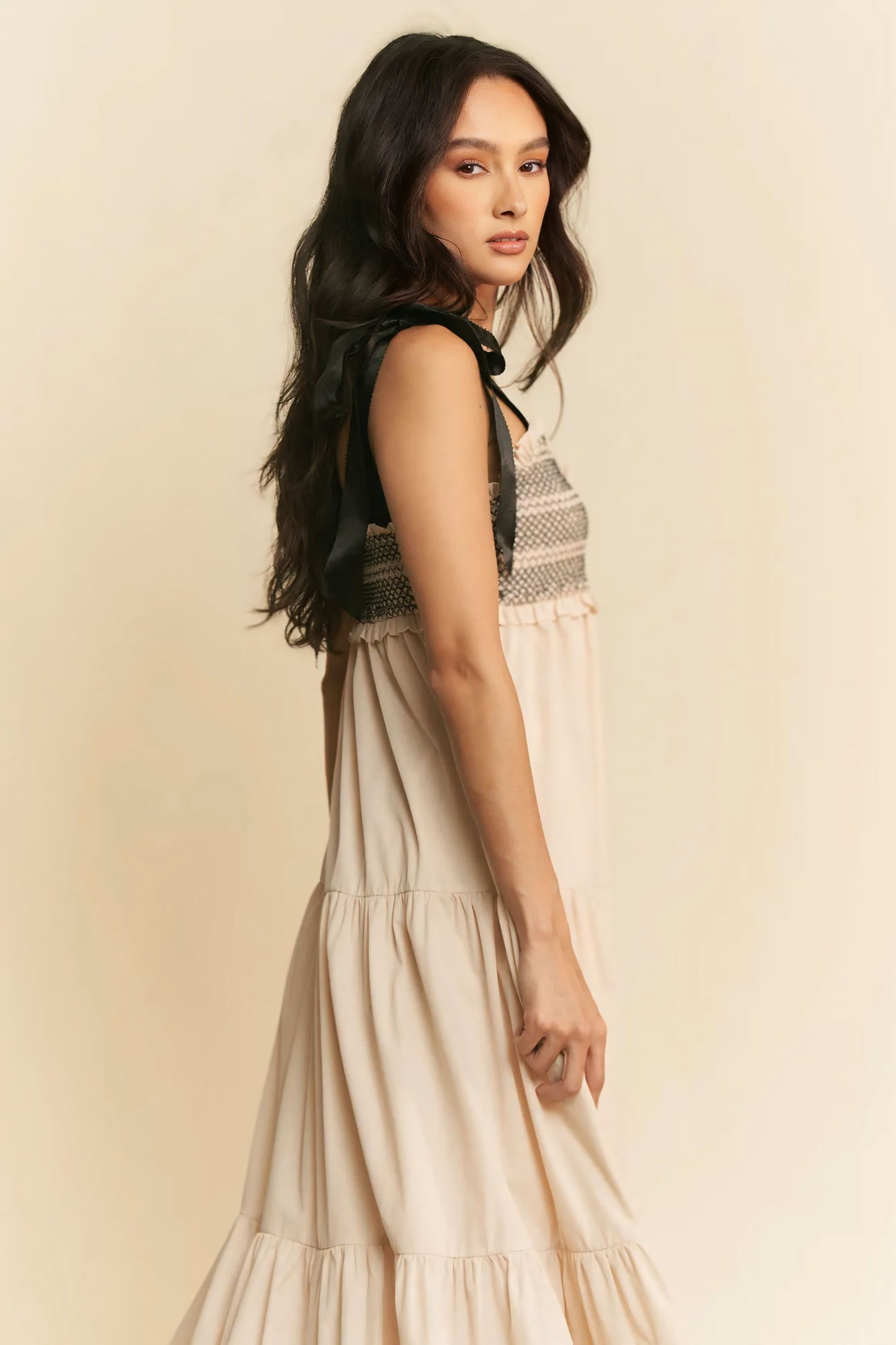 Multi Contrast Smocked Bodice Straps Maxi Dress