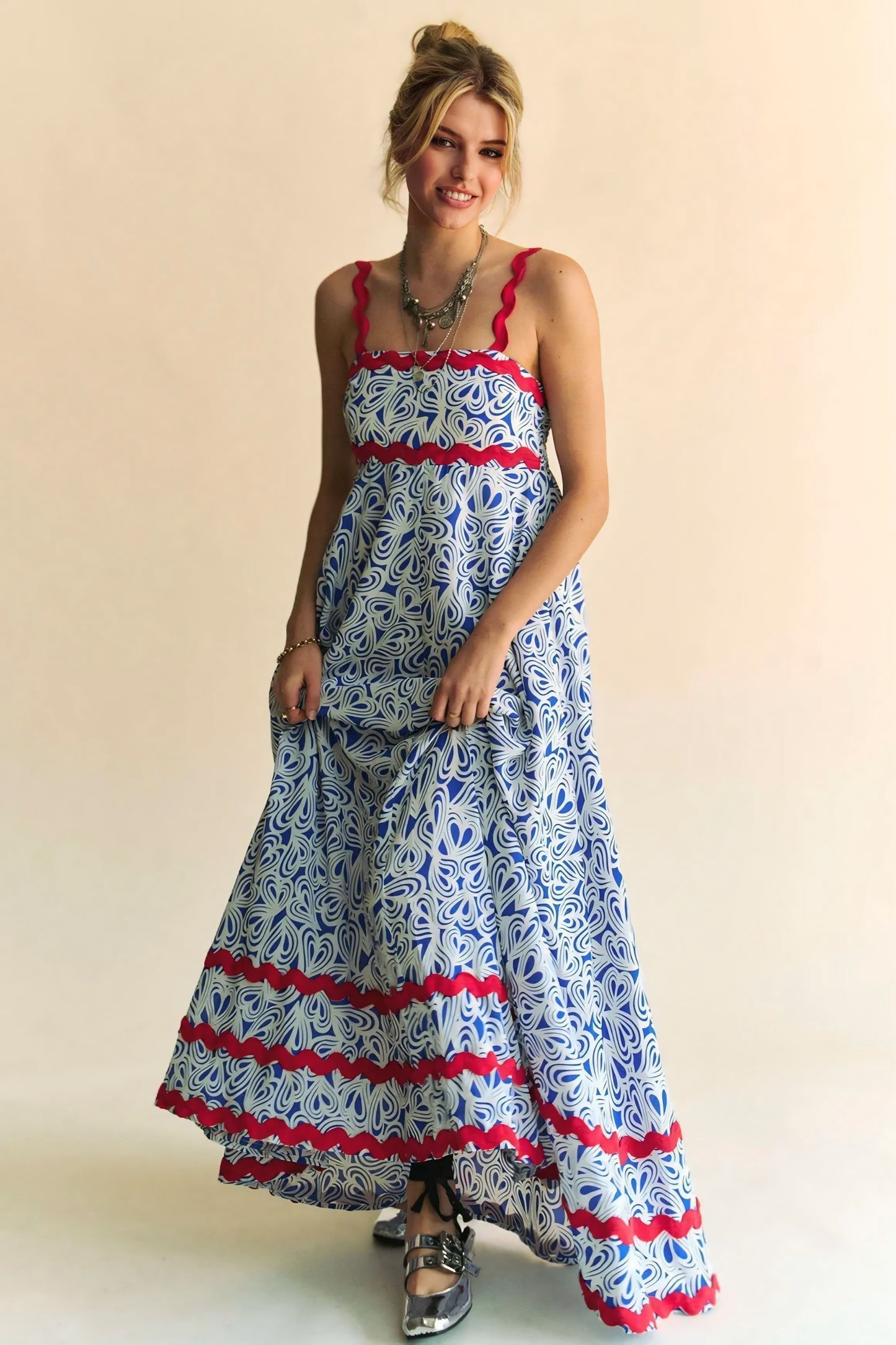 Printed Wavy Trim Tiered Maxi Dress
