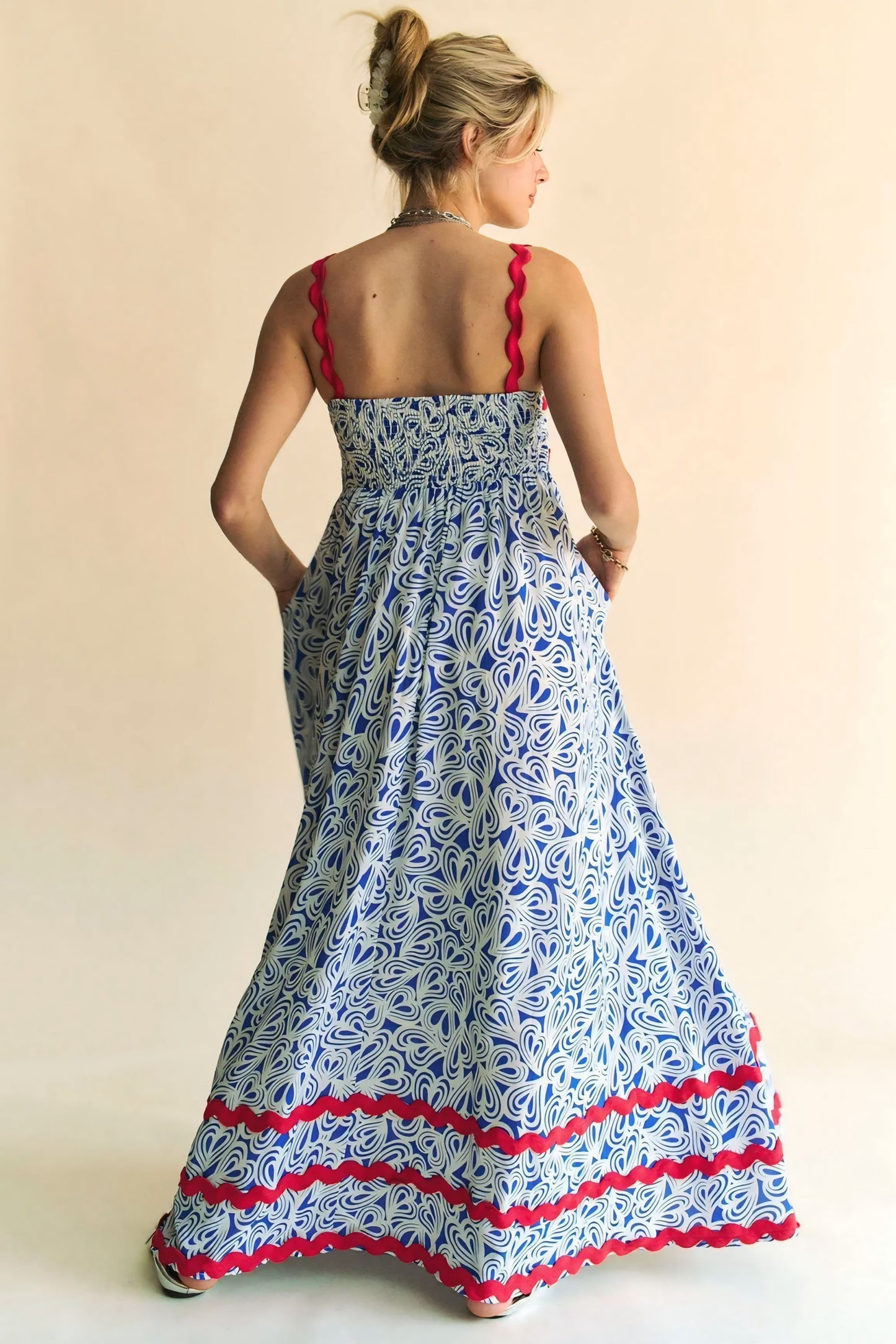 Printed Wavy Trim Tiered Maxi Dress