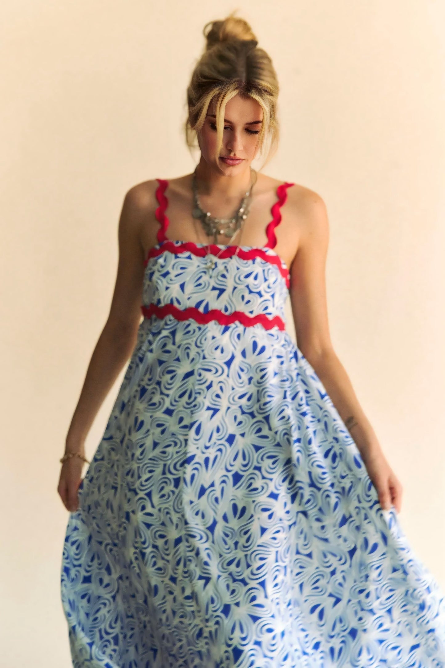 Printed Wavy Trim Tiered Maxi Dress