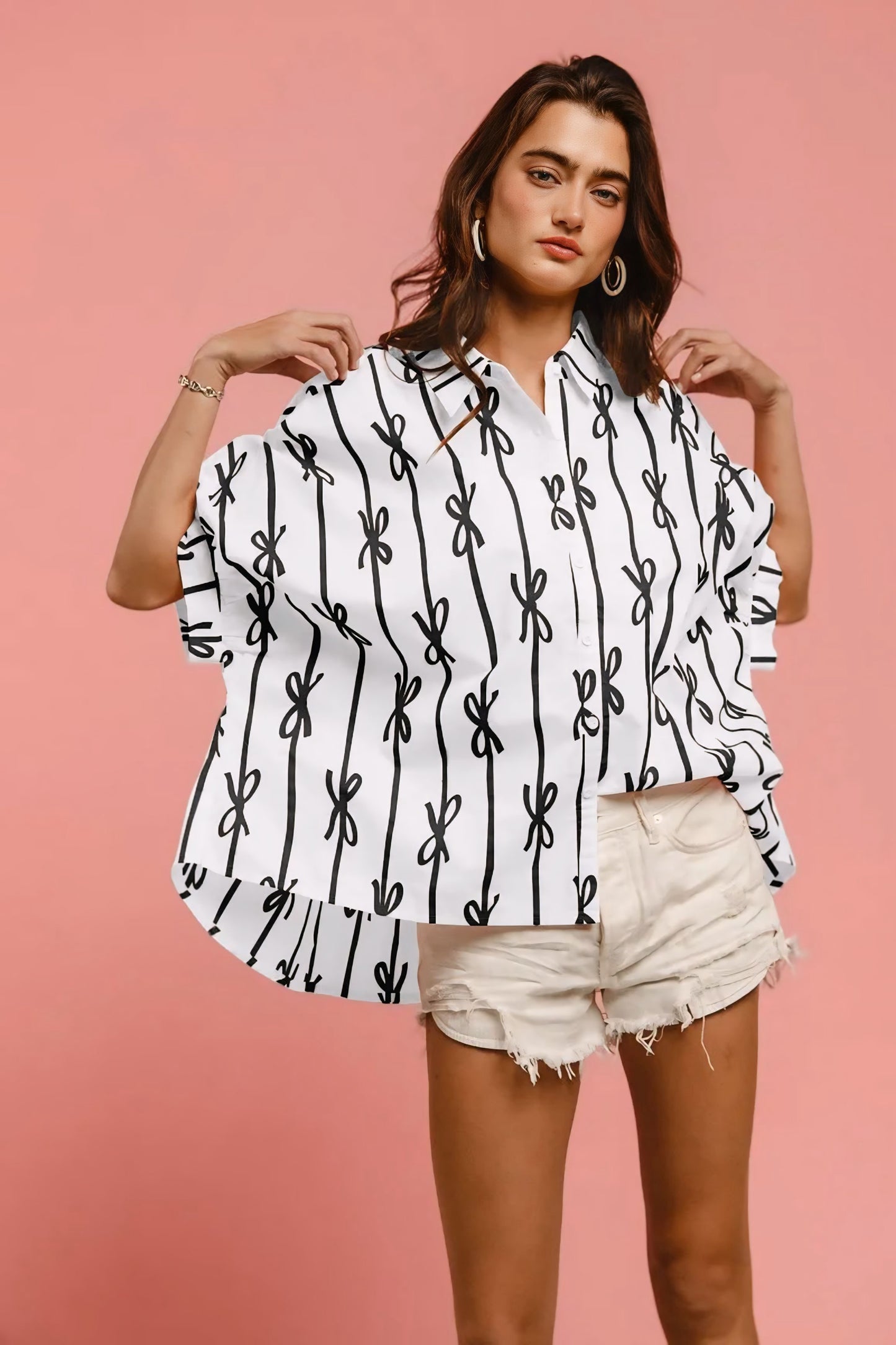Bow Ribbon Printed Button Down Shirt