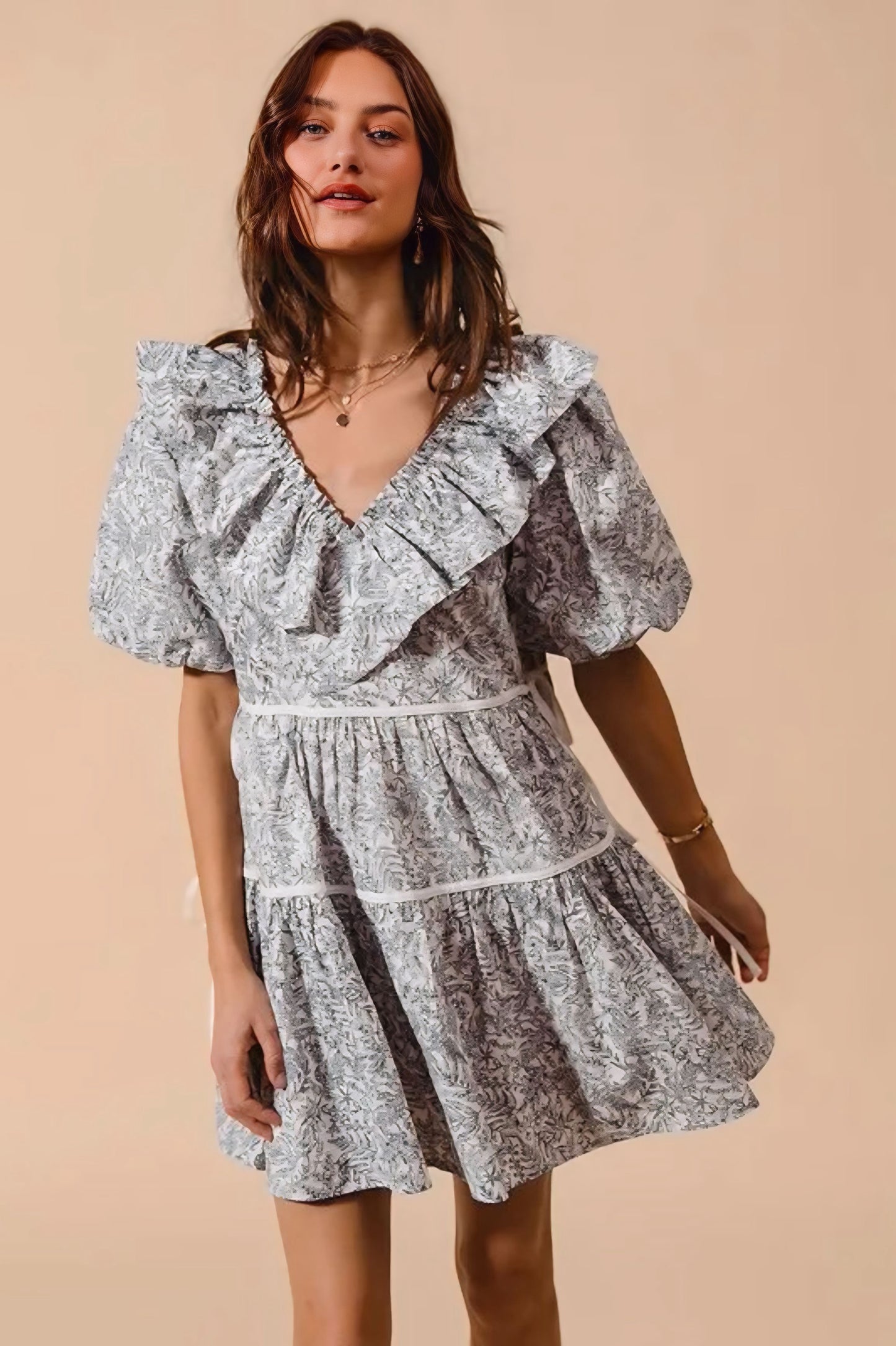 Cotton Printed Ruffle V Neckline Dress with Side Tie