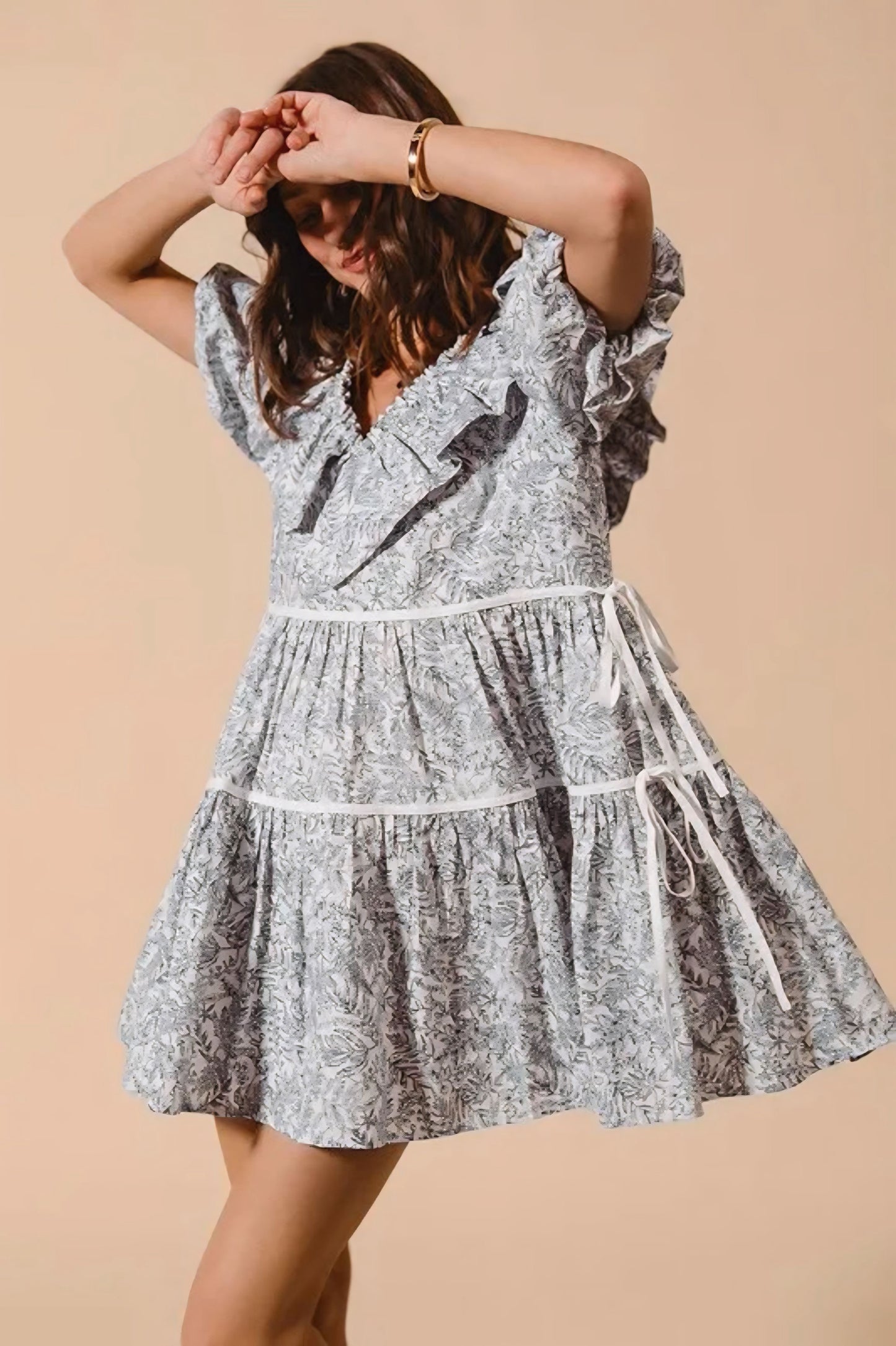 Cotton Printed Ruffle V Neckline Dress with Side Tie
