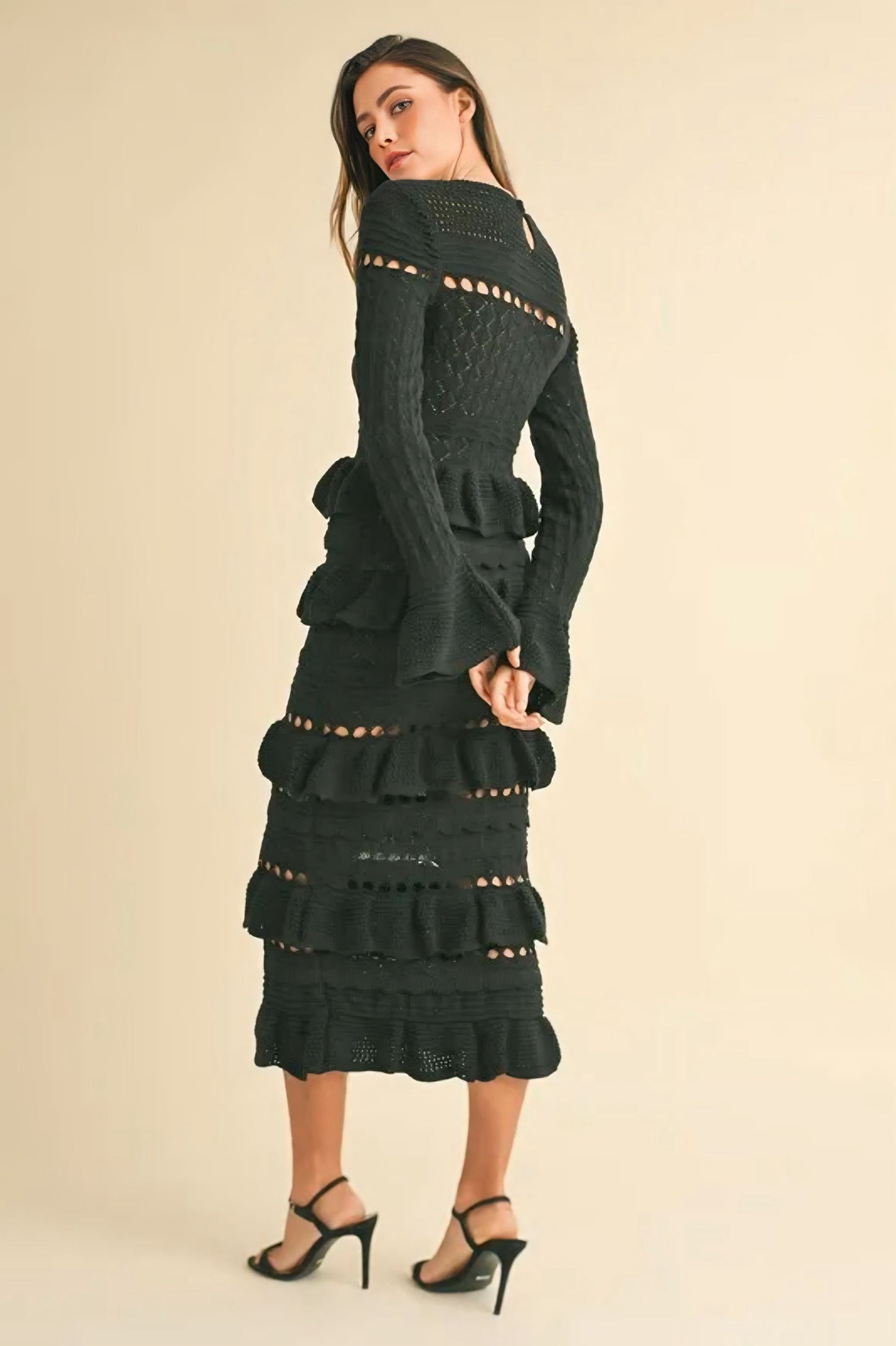 Long Sleeve Tiered Ruffle Knit Midi Dress