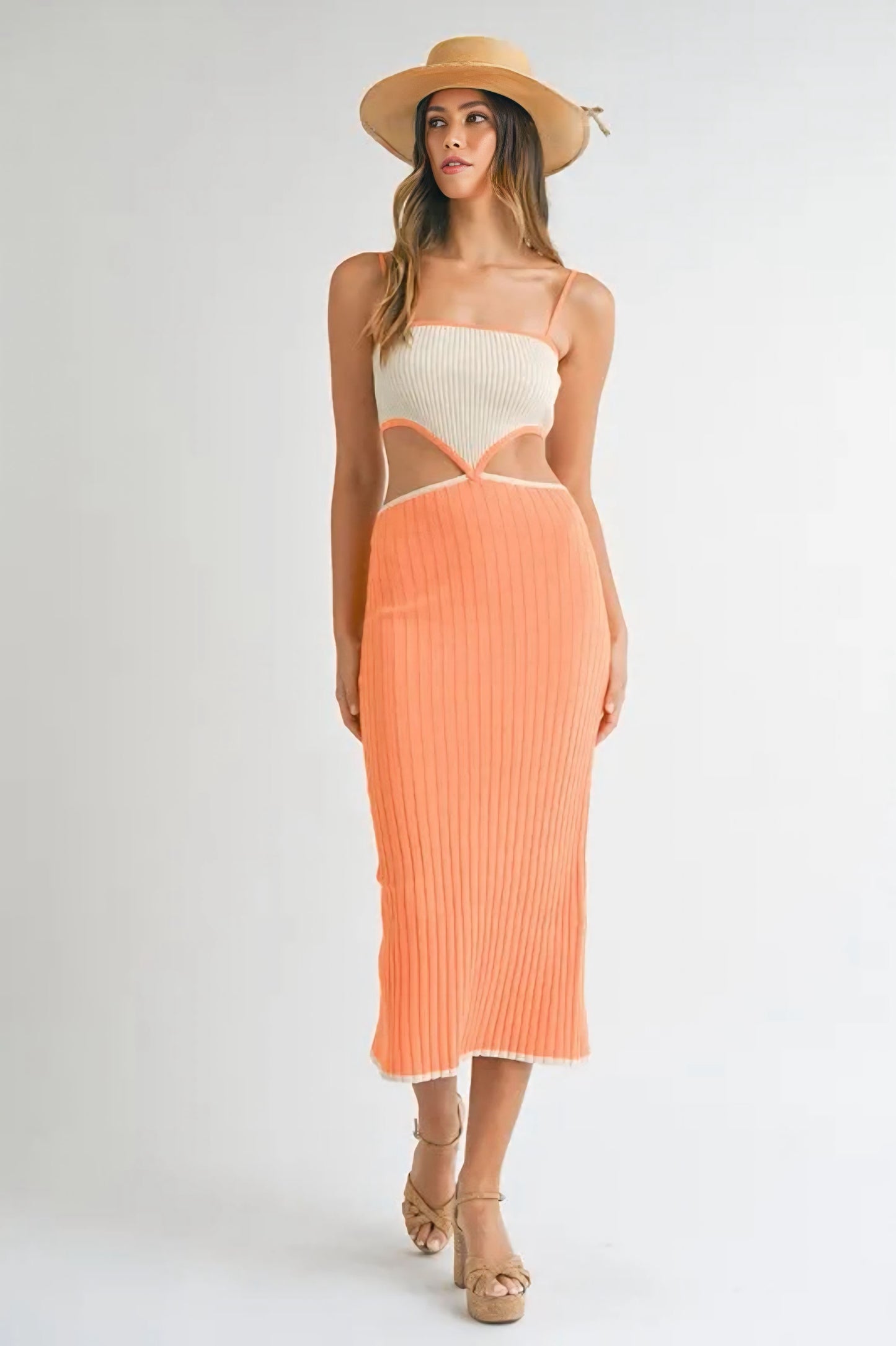 Ribbed Knit Color Block Cutout Midi Dress - Orange