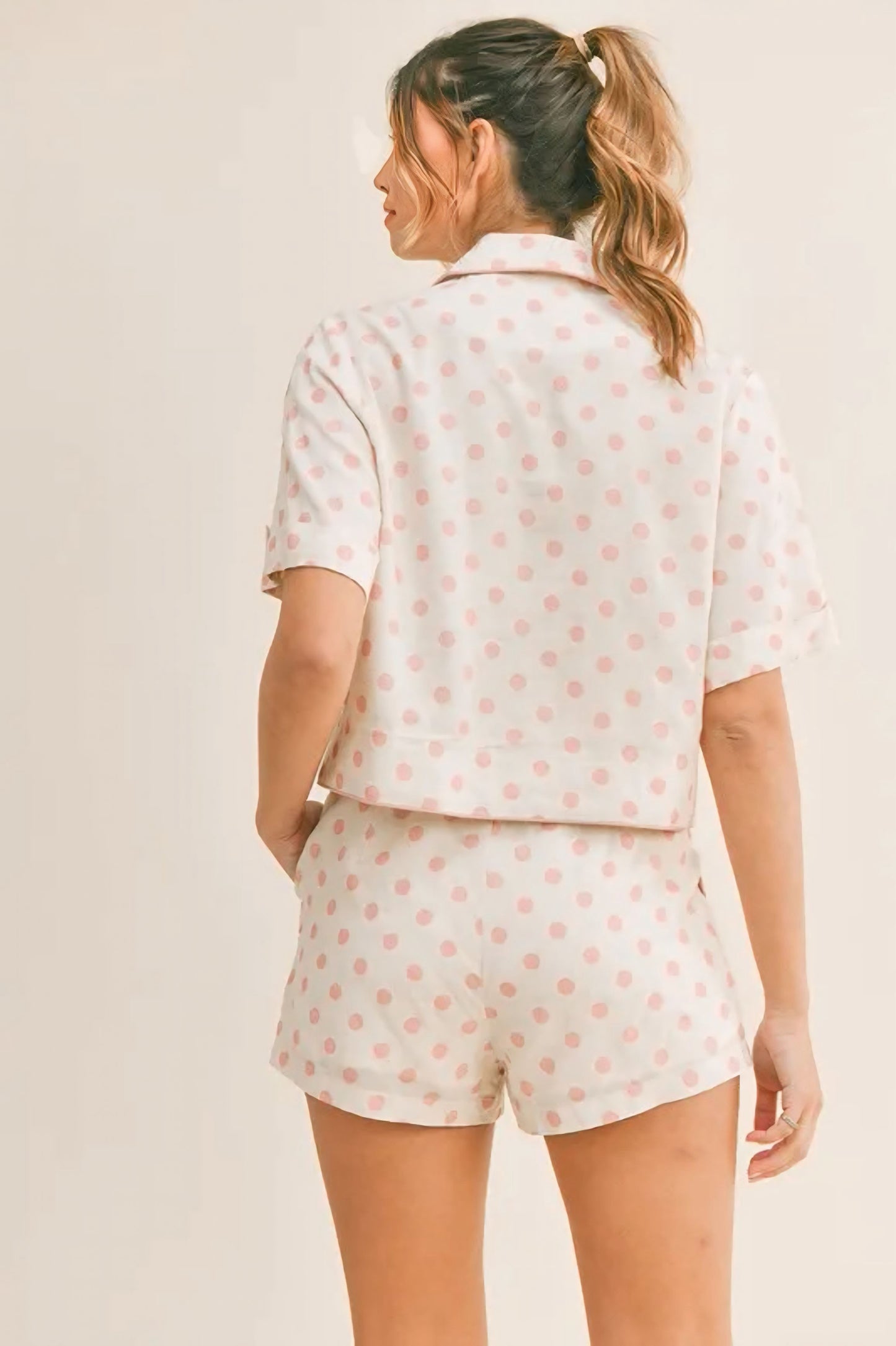 Polka Dot Collar Crop Top and Short Lounge Set