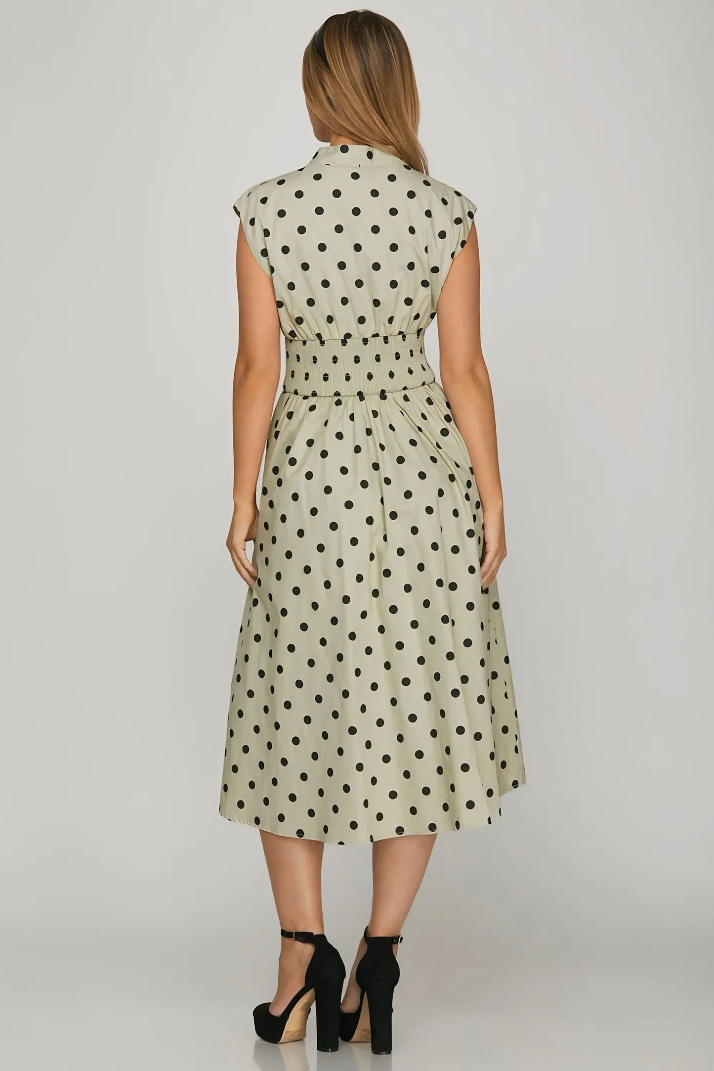 Front Zip Polka Dots Cap Sleeve Midi Dress - Sage