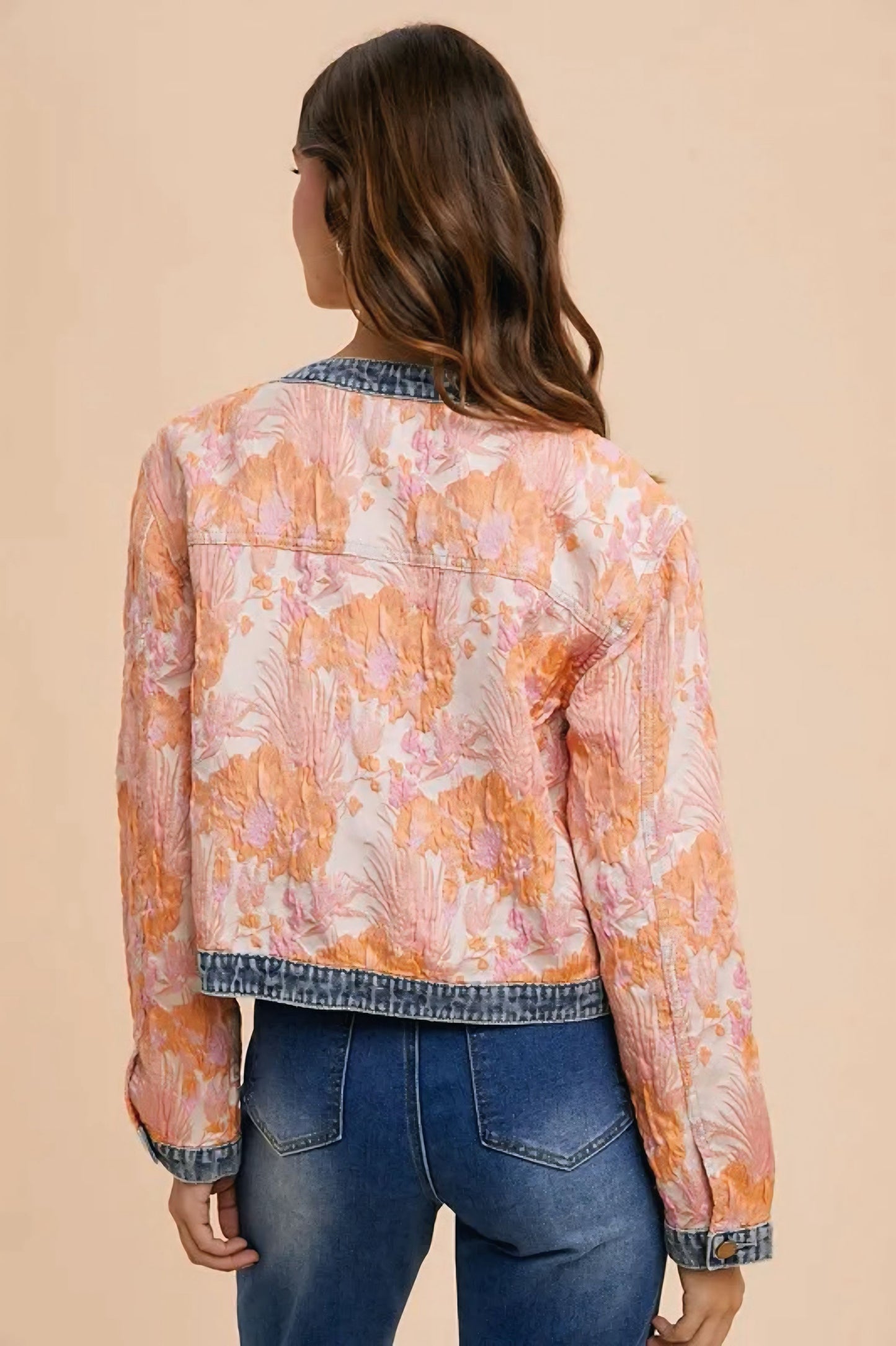 Floral Jacquard Denim Contrast Button Down Jacket