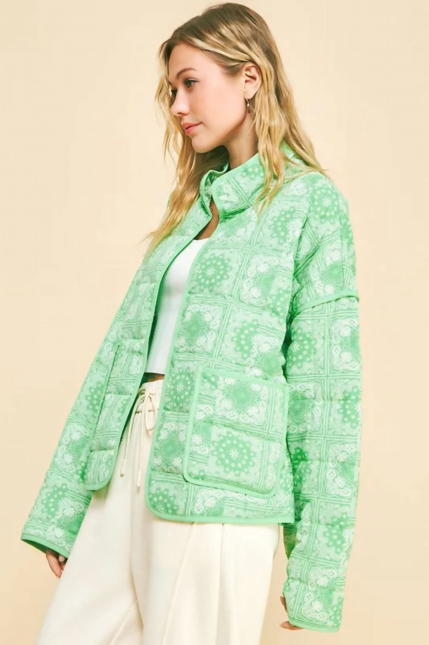 Vintage Print Open Front Jacket with Pockets