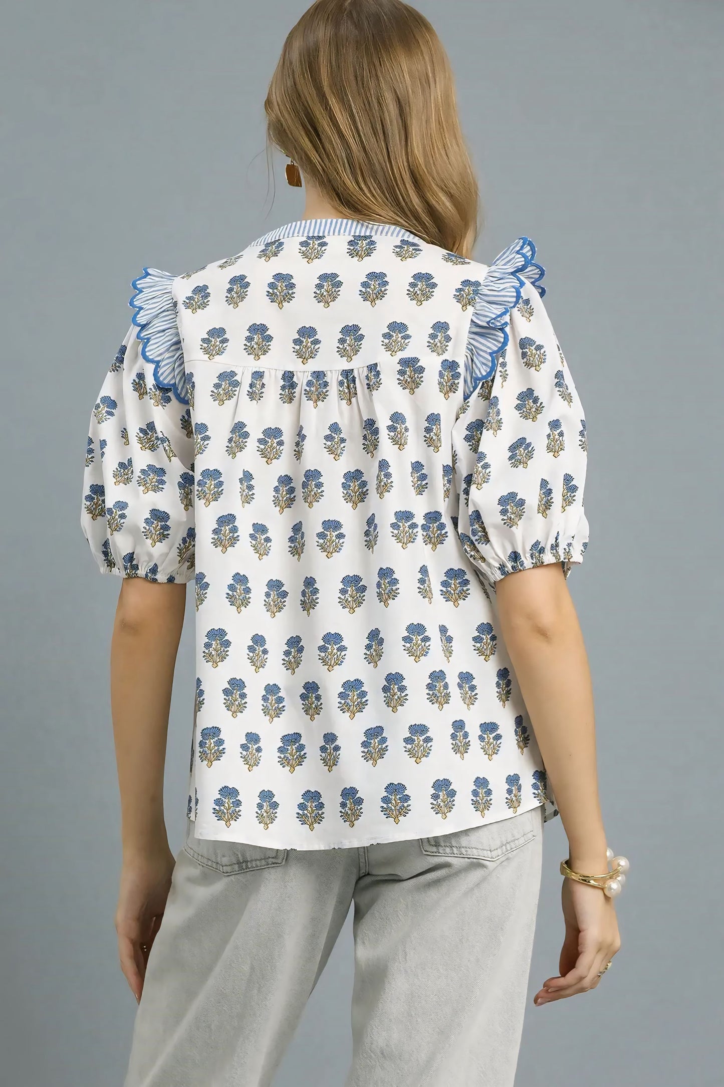 Ruffled Floral Print Puff Sleeve Blouse