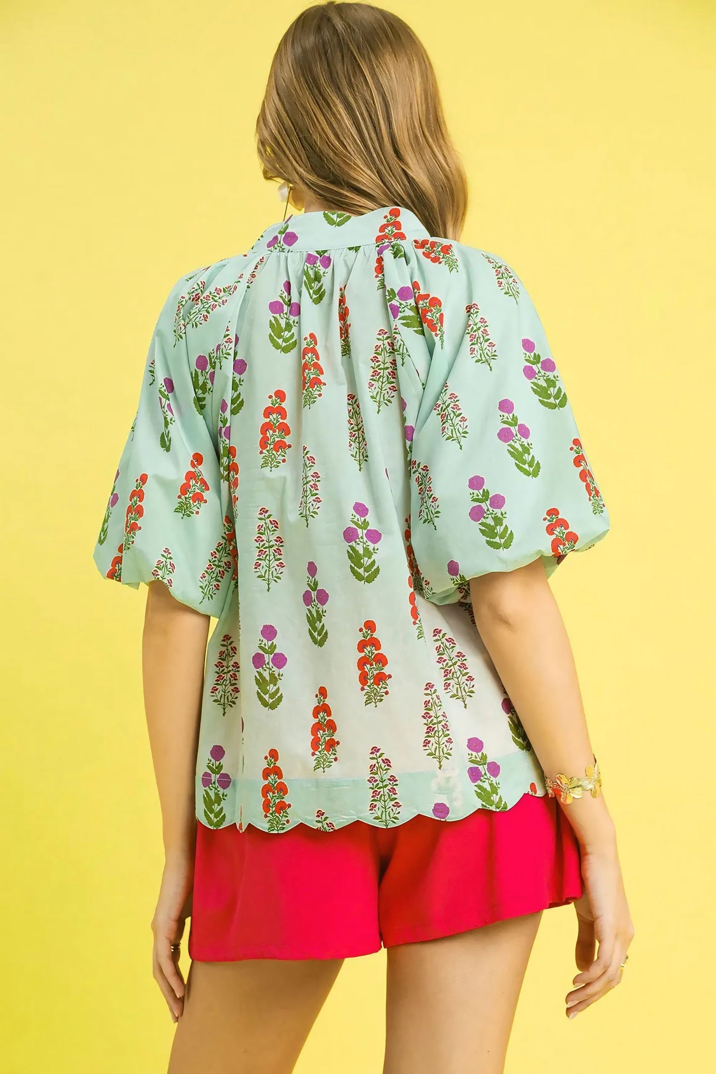 Floral Print Scalloped Hem Puff Sleeve Blouse