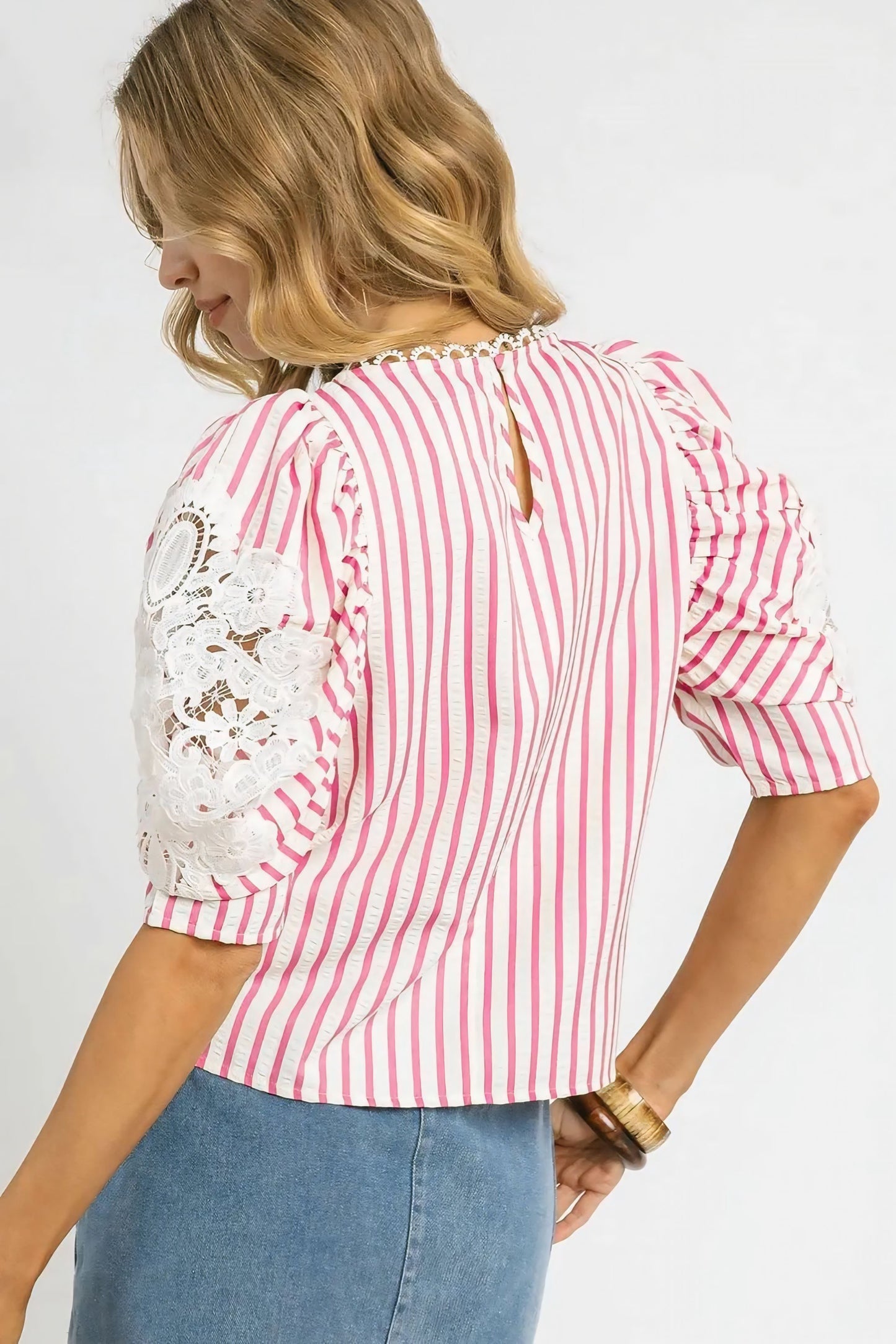 Striped Lace Puff Sleeve Blouse