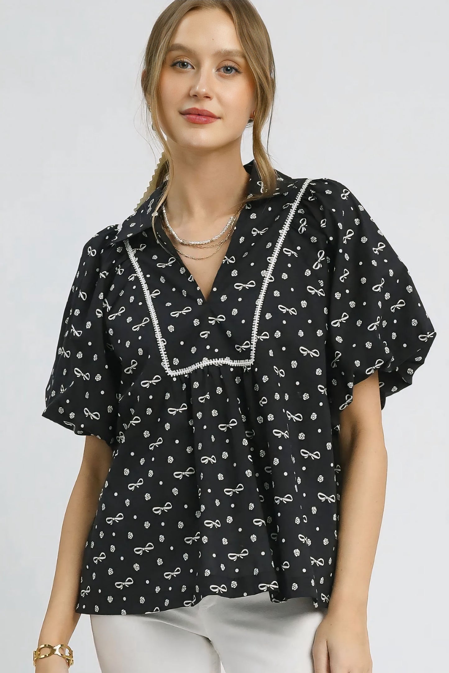 Bow Print Puff Sleeve Blouse