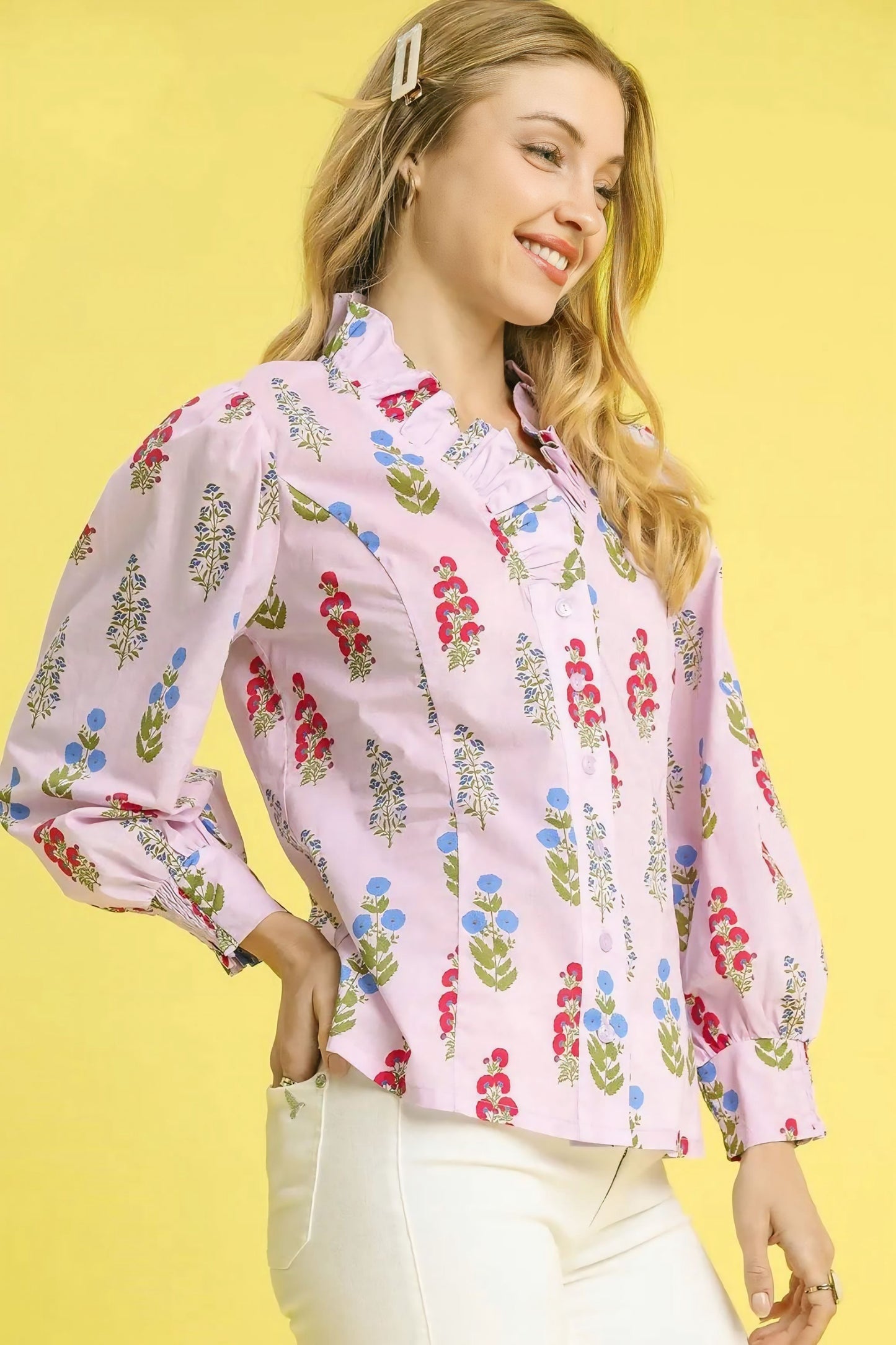 Floral Print Lantern Sleeve Button Down Shirt