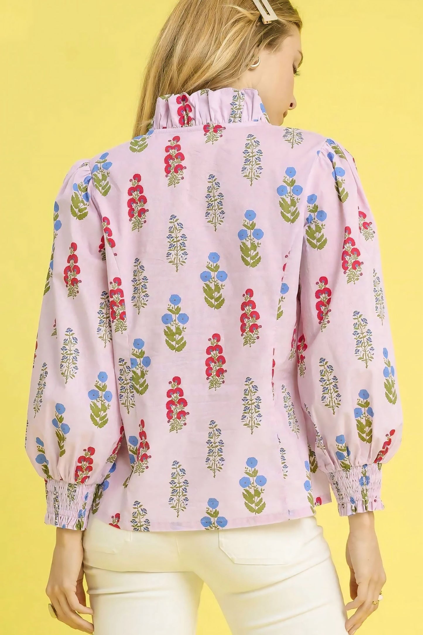 Floral Print Lantern Sleeve Button Down Shirt