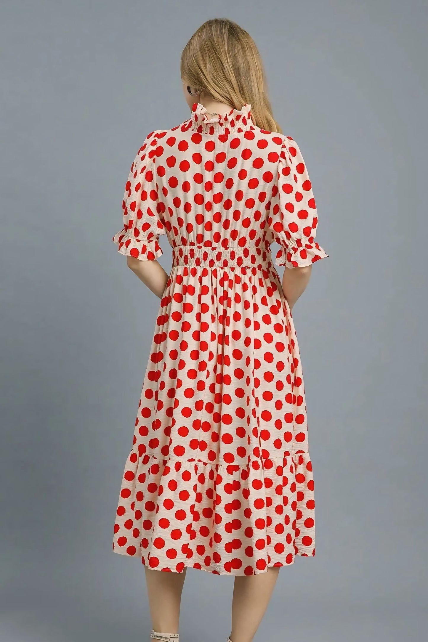 Polka Dot Ruffled Smocked Waist Midi Dress