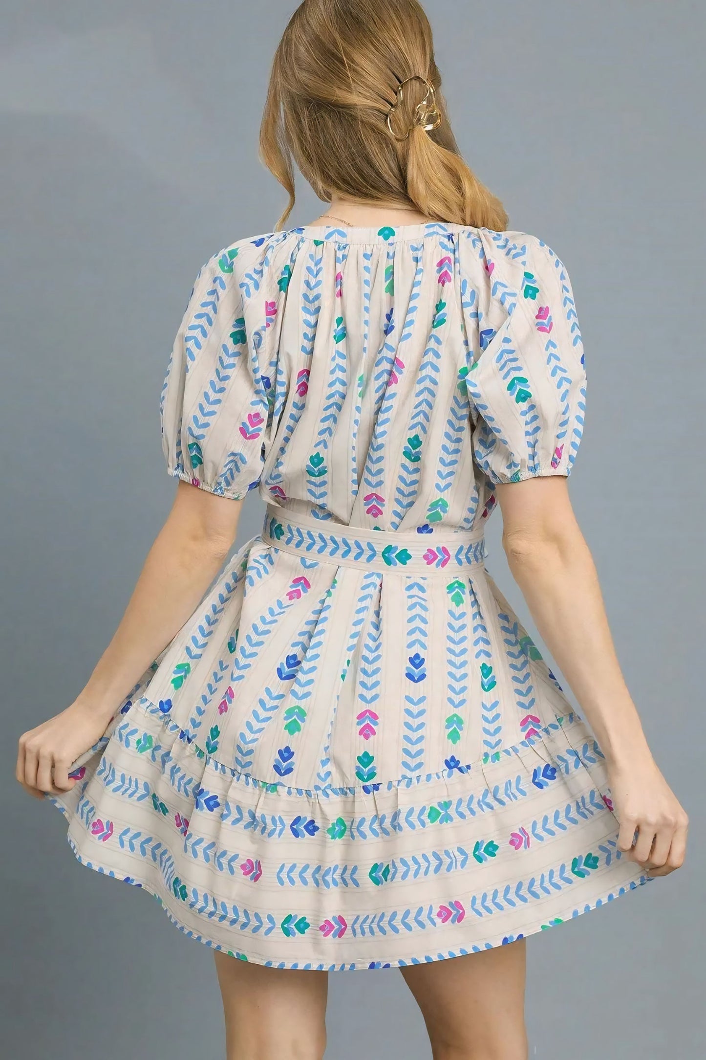 Printed Tie Waist Puff Short Sleeve Mini Dress