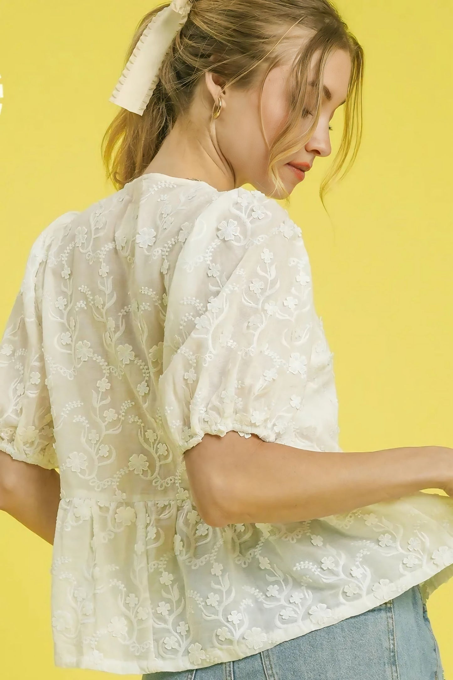 Embroidered Tie Front Peplum Blouse