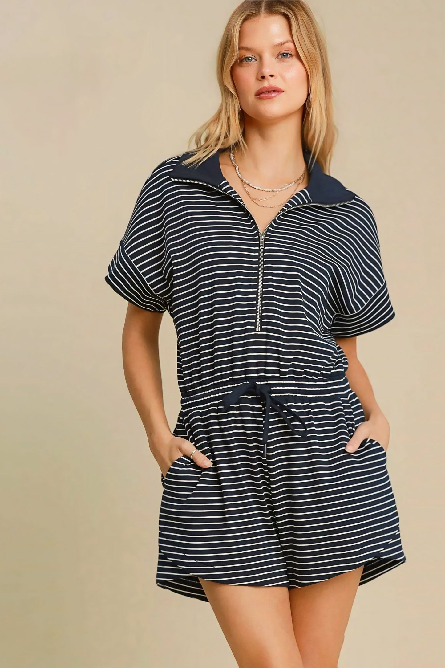 Half Zip Striped Romper