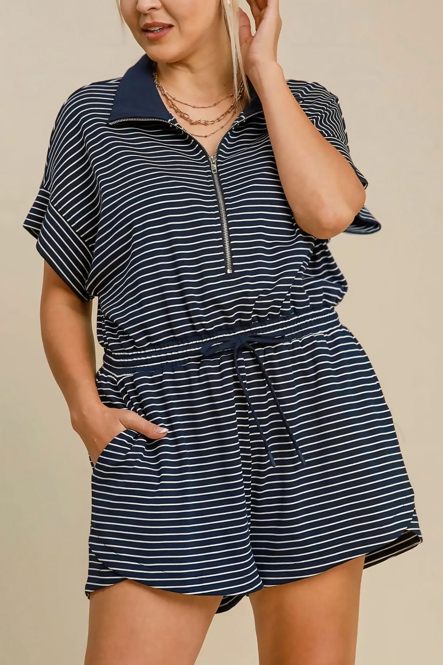 Half Zip Striped Romper